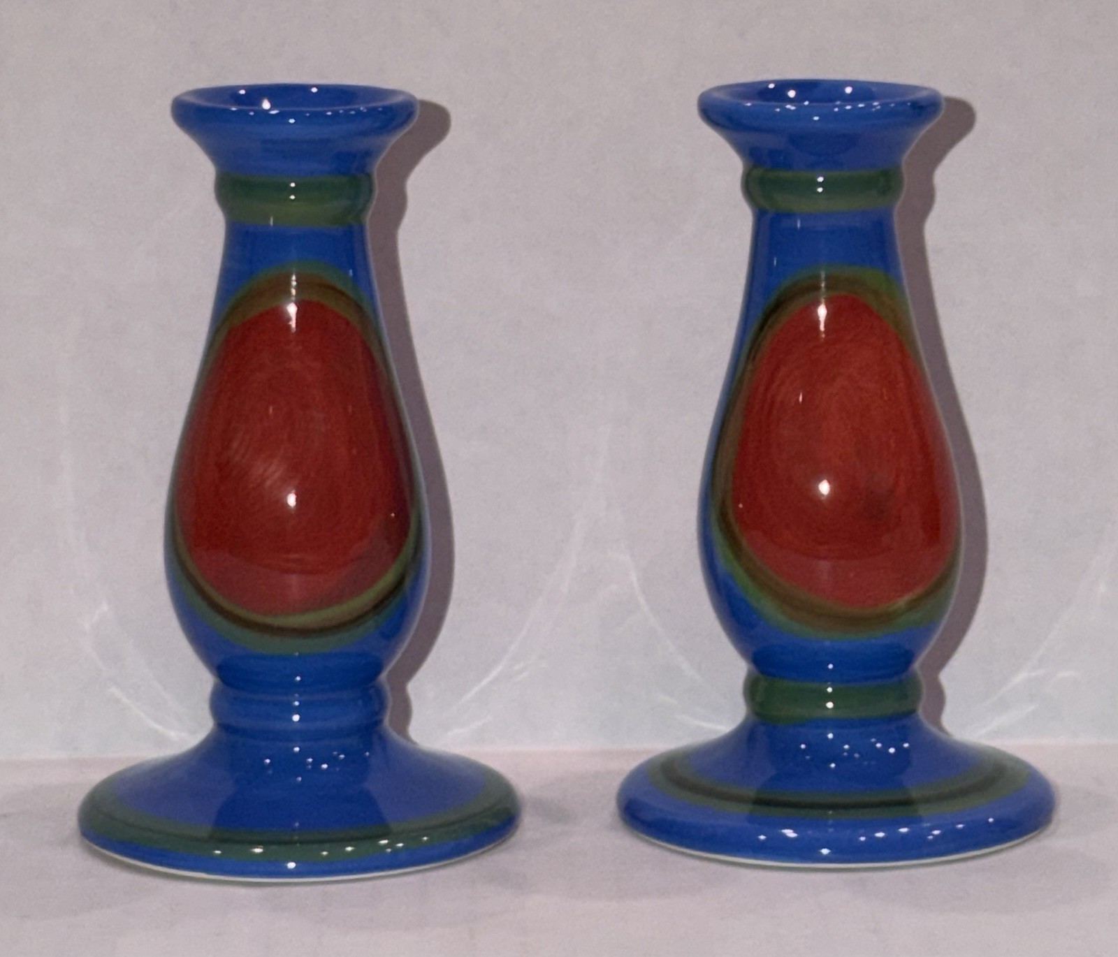 Vintage Signed Gail Pittman Creation Blue 5″ Candlesticks Holders Set of 2