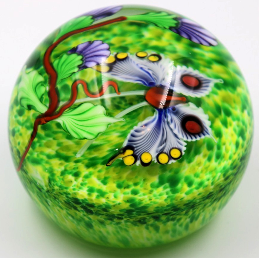 LARGE Beautiful NOS Mayauel WARD Colorful BUTTERFLY Flower Art Glass Paperweight