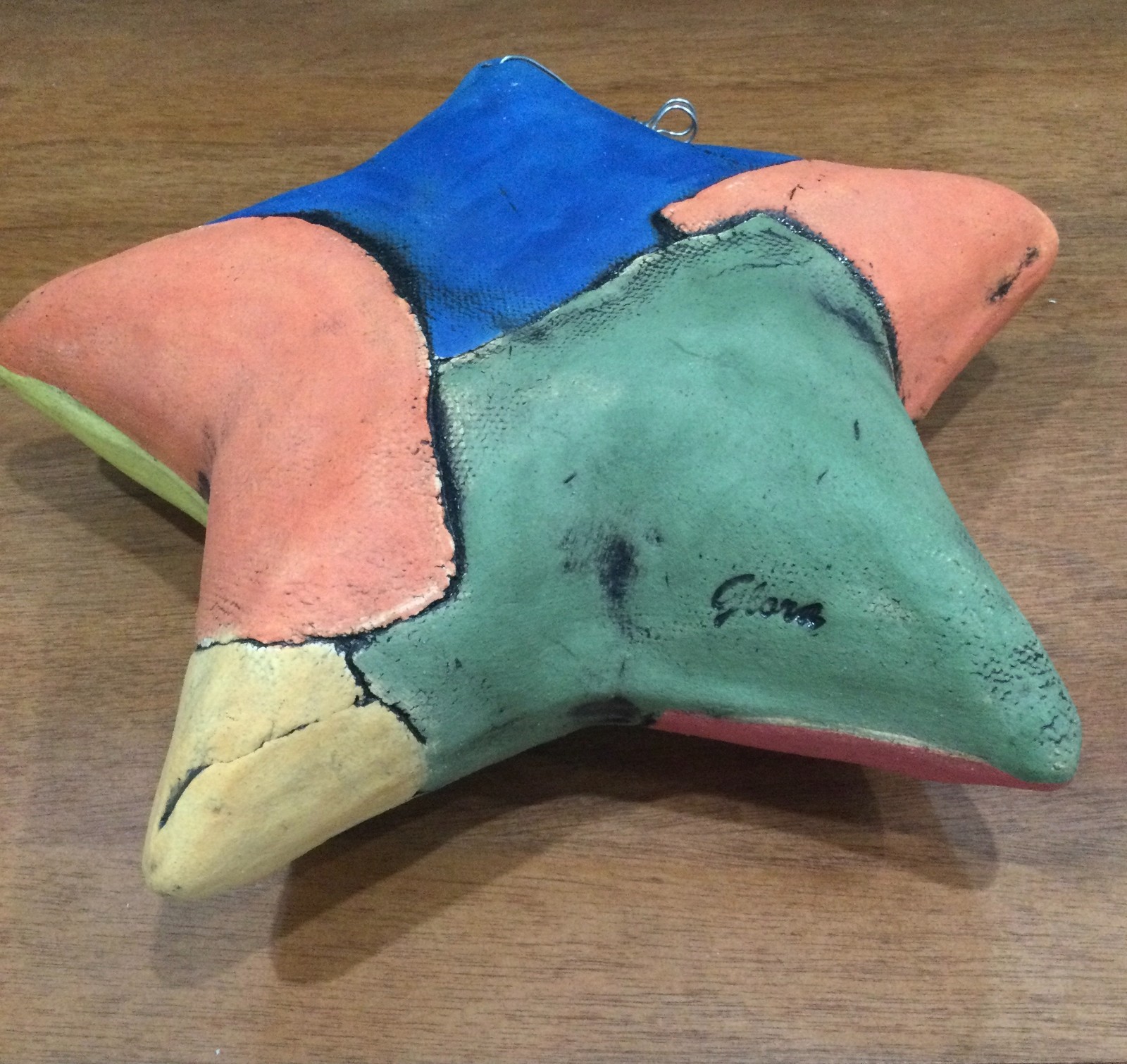 Hanging Handmade Clay Pottery STAR Sign by Artist Glora, Patchwork-Style