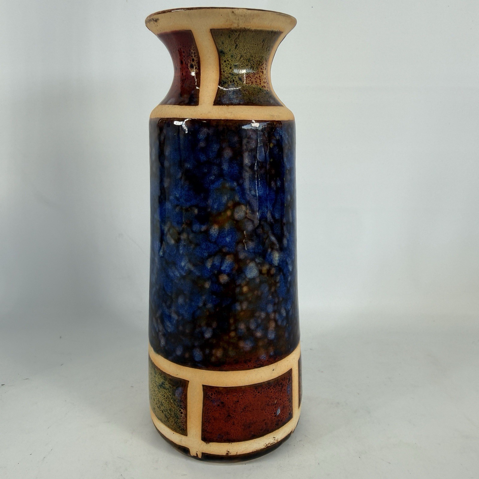 Vintage MCM Pottery Vase Fat Lava Style Stoneware Blue Green Red 7”