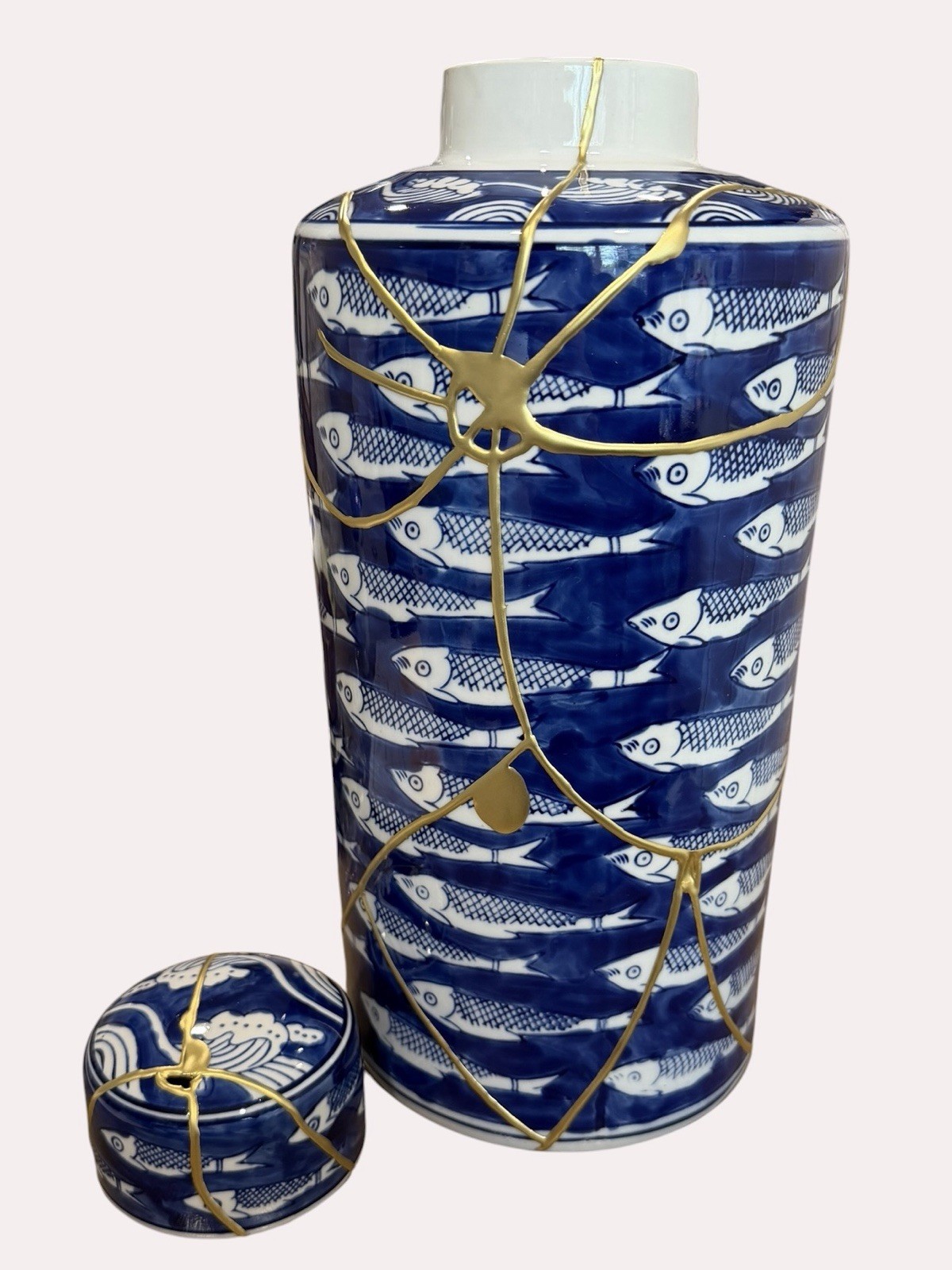 Kintsugi Chinoiserie Fish Ginger Jar Blue White Gold 14” Decorative Urn Ceramic