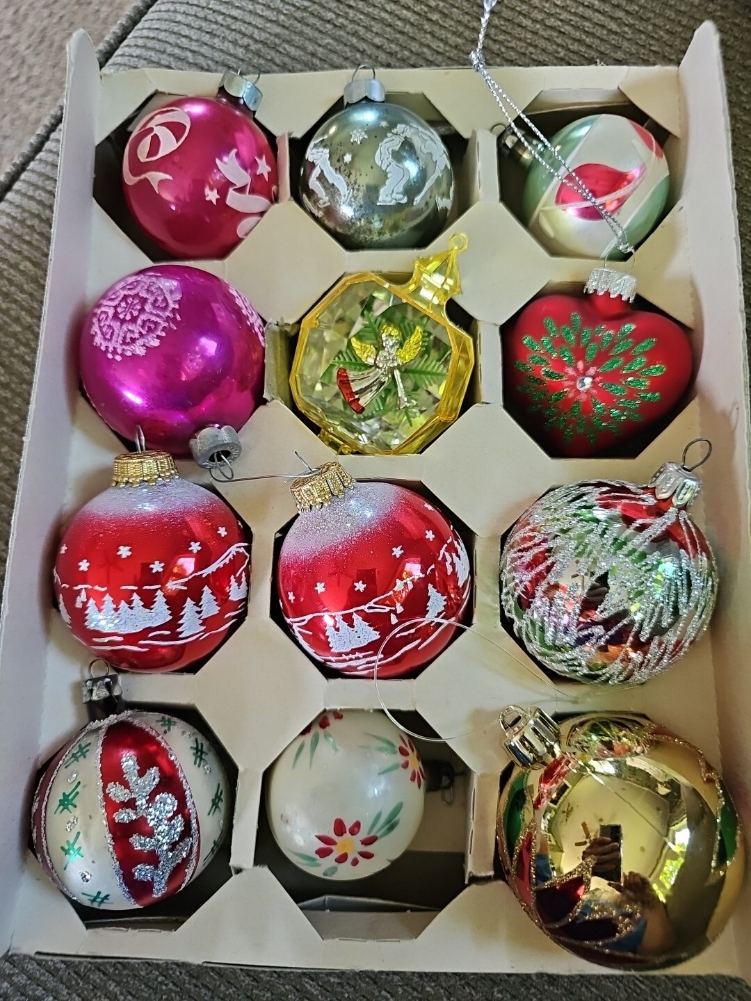 12 Vintage Mid Century 11 glass, 1 Plastic Christmas ornaments mixed Lot