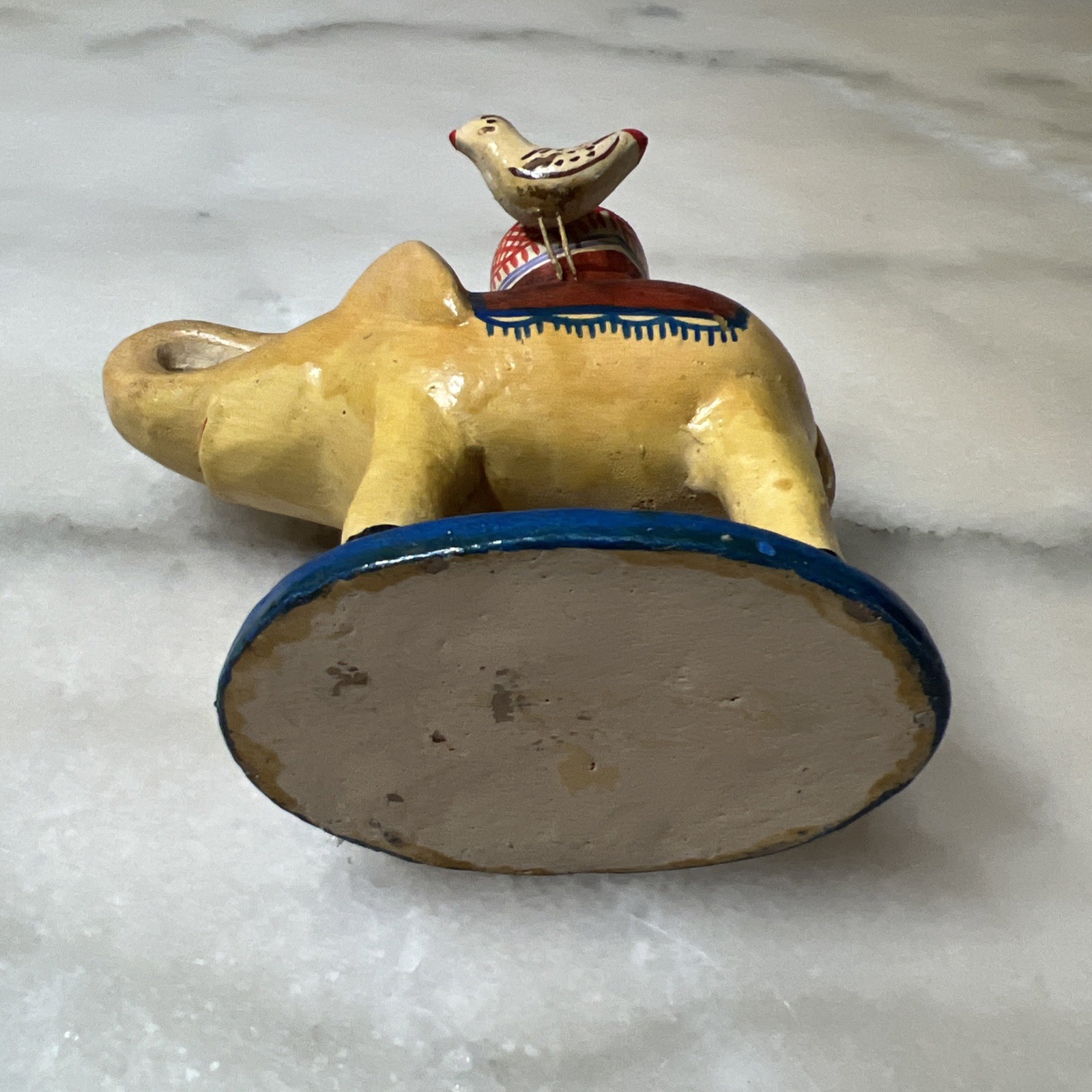Vtg Mexican Folk Art Pottery Elephant w/ Birds Candle Holder 5″ long 4.5″ tall