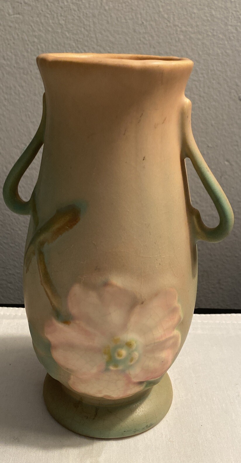 WELLER Peach Green Two Handled WILD ROSE Dogwood Art Pottery Vase Circa 1930’s