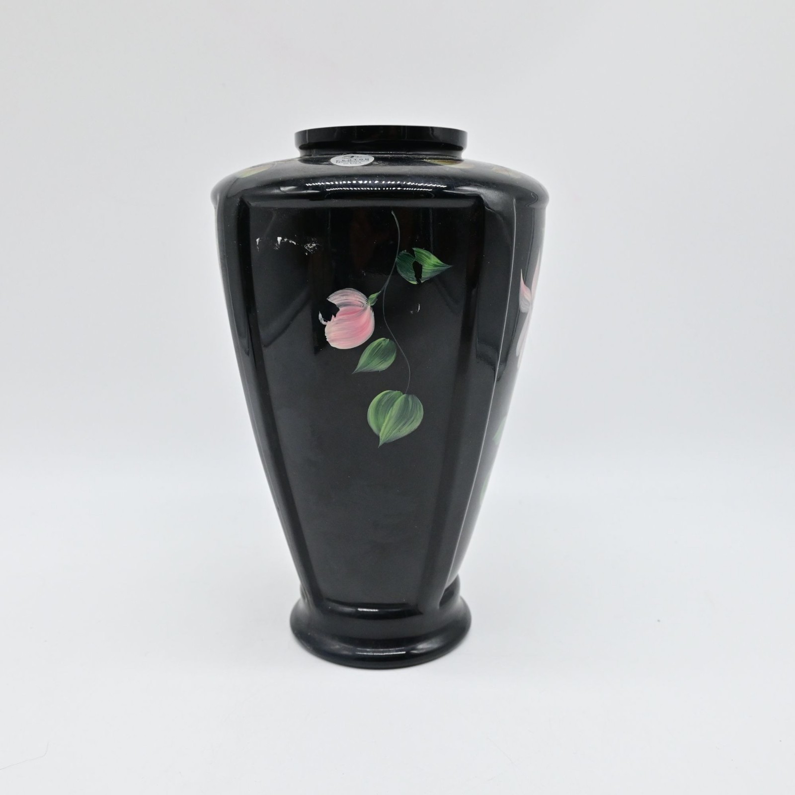 Fenton Black Ebony Floral Hand Painted Paneled Vase