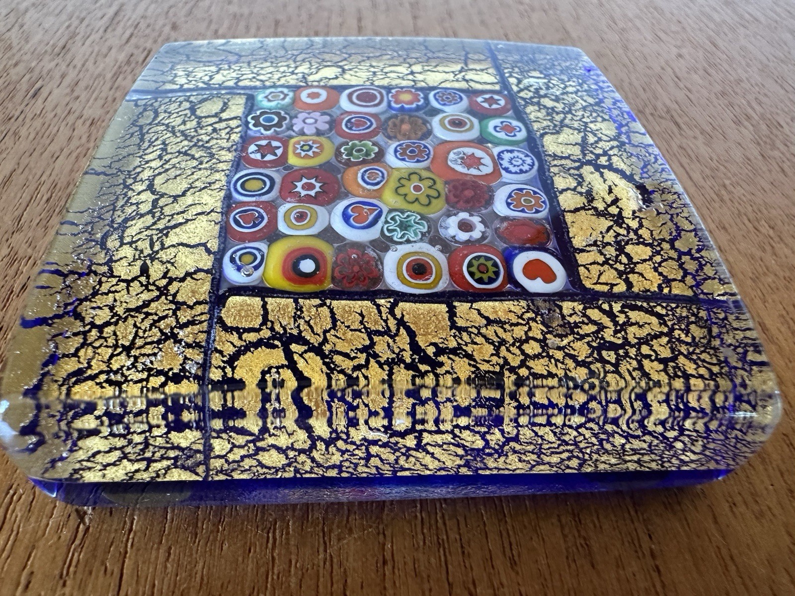 SQUARE MILLEFIORI GOLD FOIL MURANO ITALY ART GLASS PAPERWEIGHT