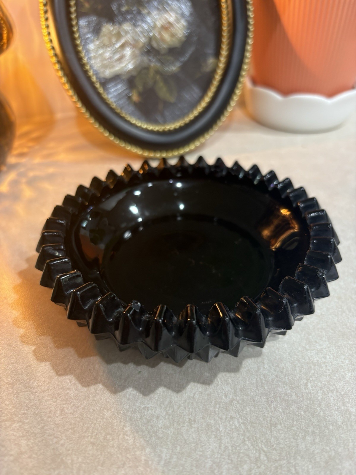 VTG Tiara Black Glass Diamond Point Ashtray Tricket Dish 5.5” Indiana Glass MCM