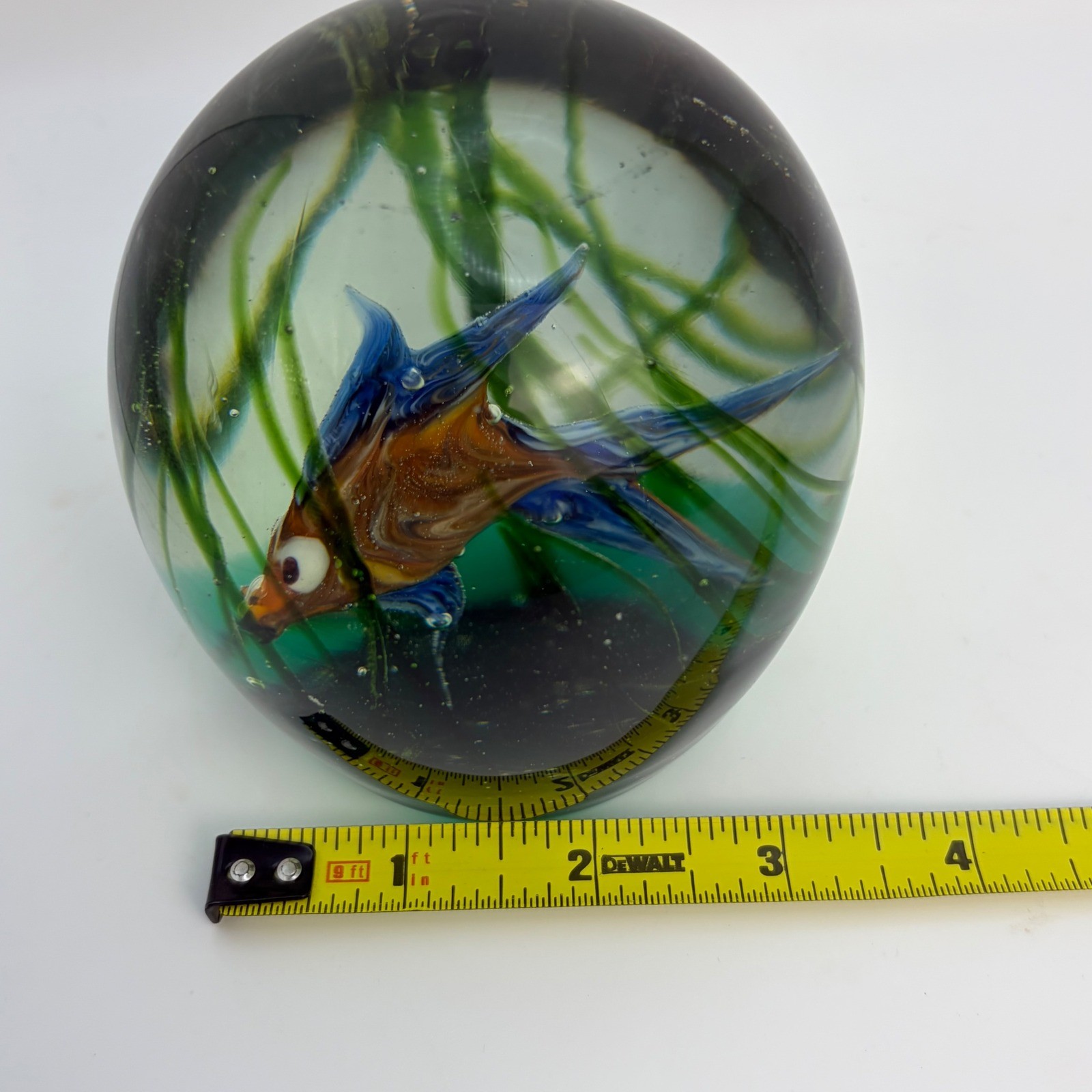 Vintage Art Glass Paperweight Green Blue Bubble Murano Style Heavy Glass Orb