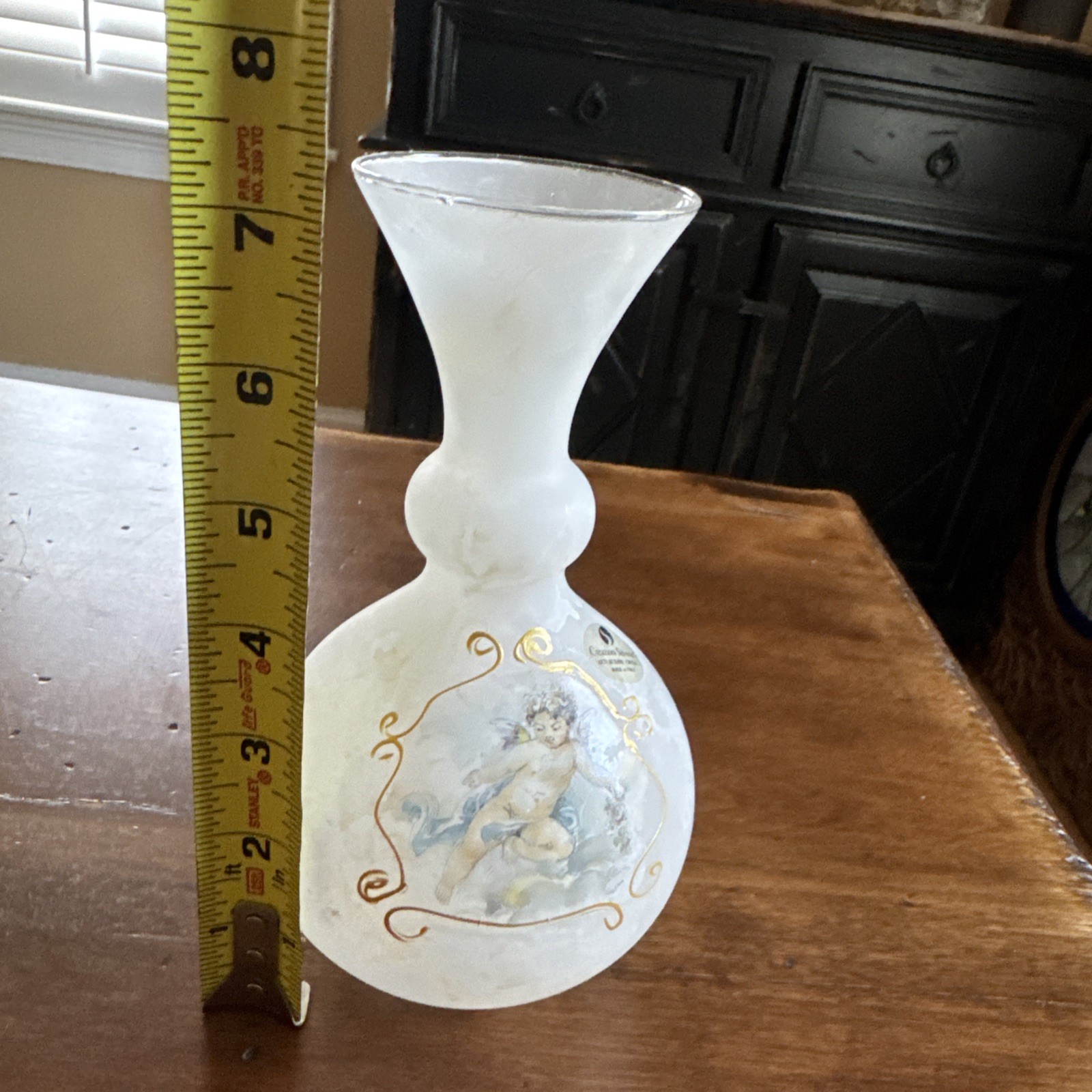 Silvestri Arte Murano Italian Glass White Frosted Crystal Vase with Cherub
