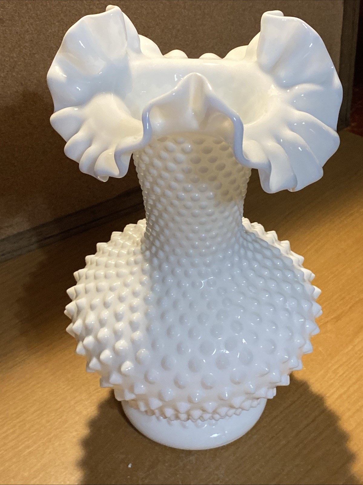 Vtg MCM Fenton Milk Glass Hobnail Vase w Ruffled/Crimped Edge – 10.5″ – EPOC