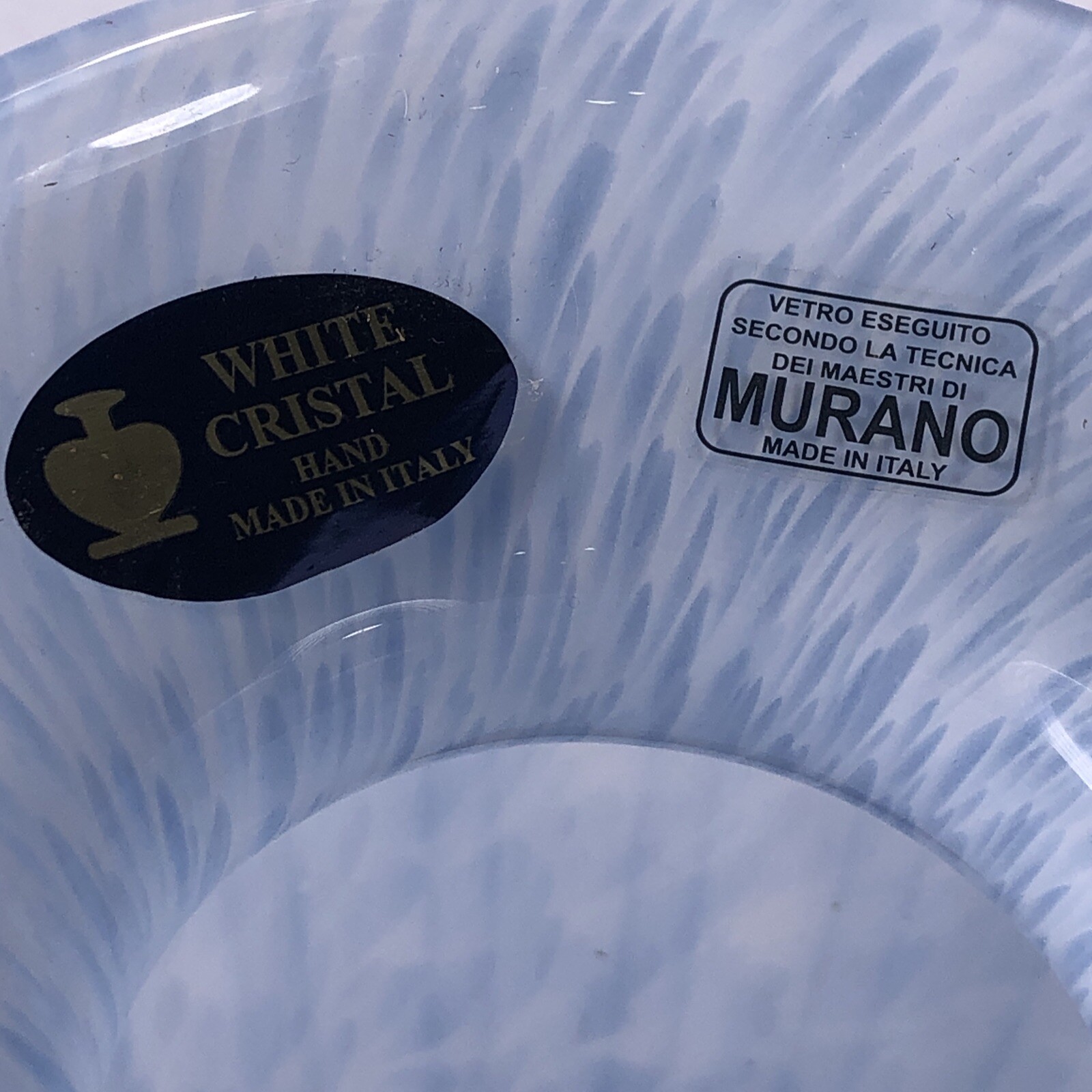 Murano Crystal Blue Label Glass Vase 11″ Pale Blue & White Swirl Vase