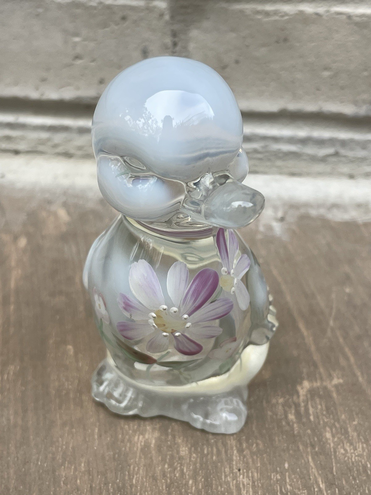 Vintage Fenton Glass Opalescent Duck With Hand Painted Flowers Signed White