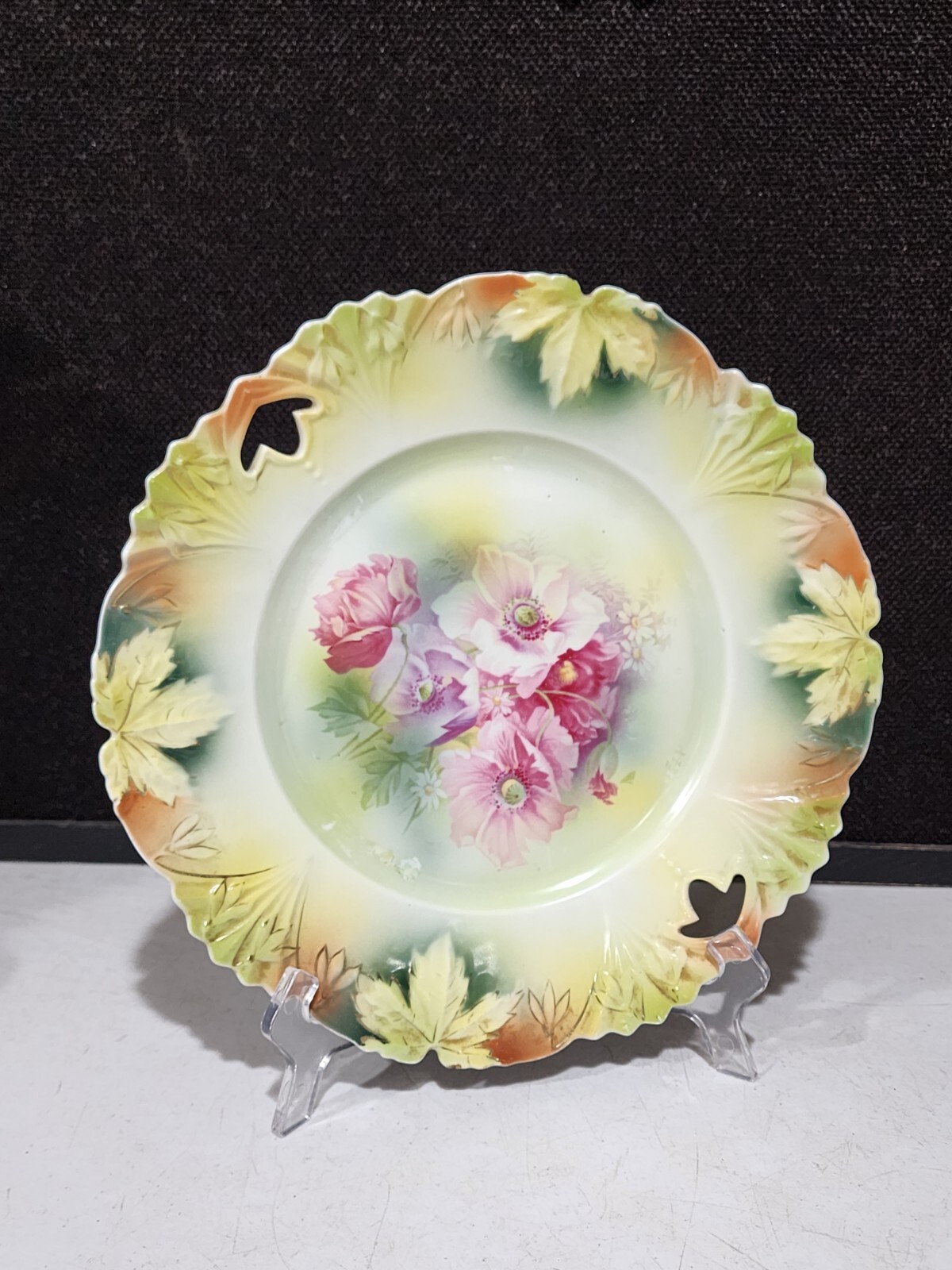 Antique 10.5″ RS Prussia Plate Maple Leaf Mold Pink Floral Center READ