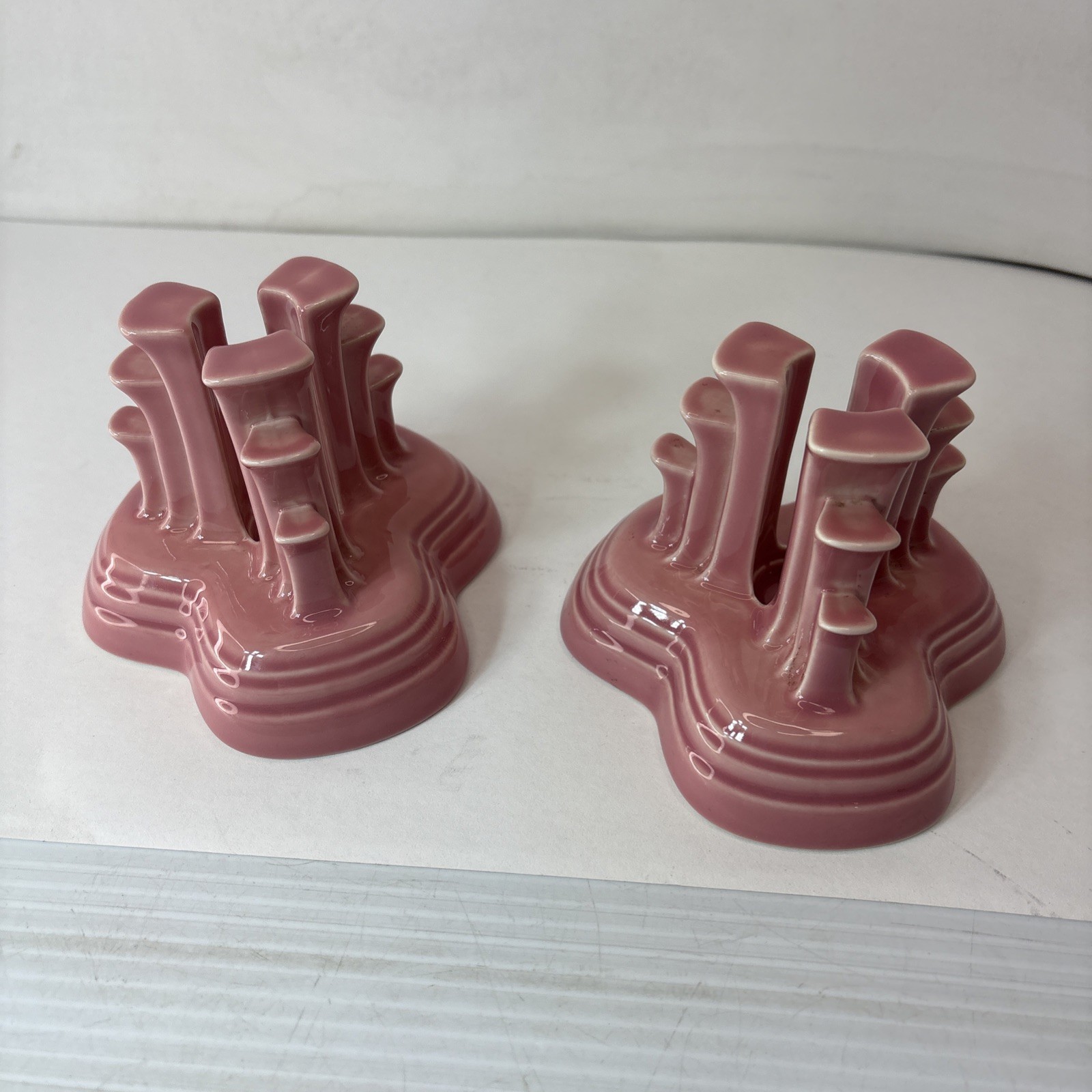 Fiesta Ware, Rose Pink Art Deco Pyramid Style Vintage Candle Holder Pair (2)
