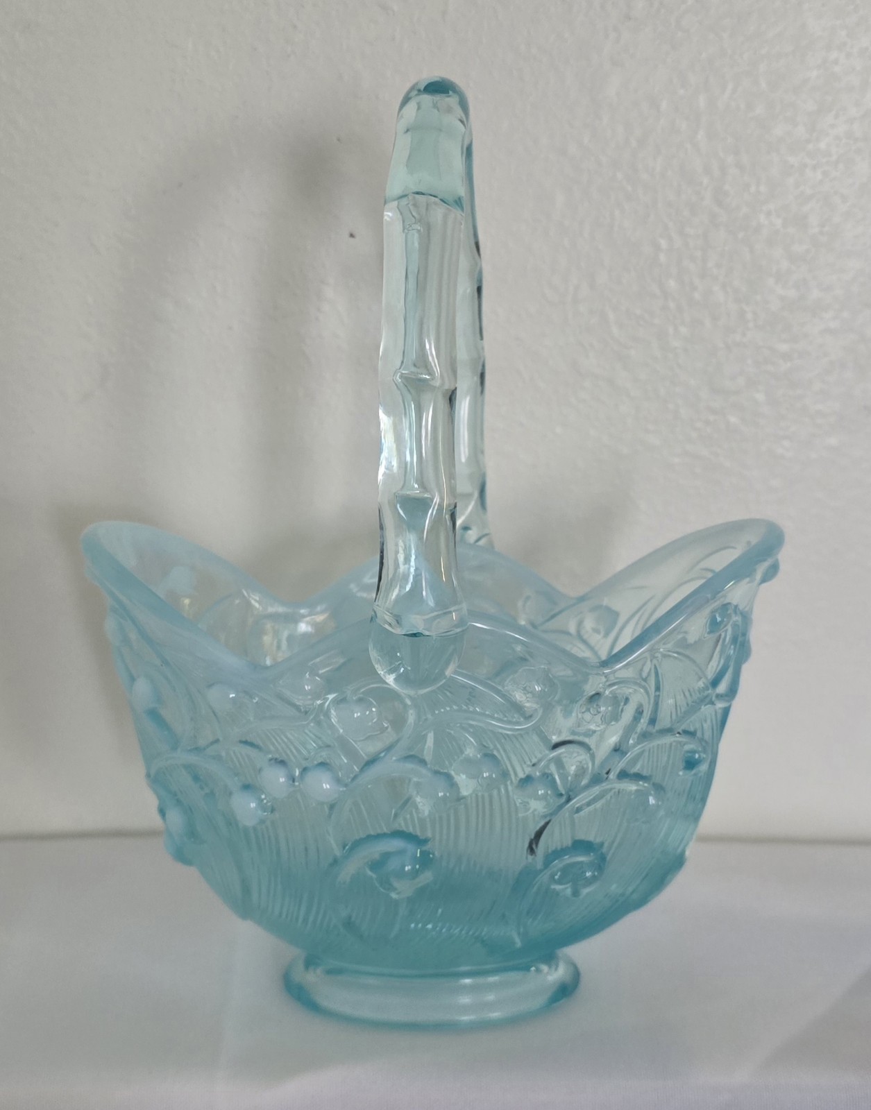 Fenton Aqua Blue Opalescent Lily of the Valley Glass Basket 6″