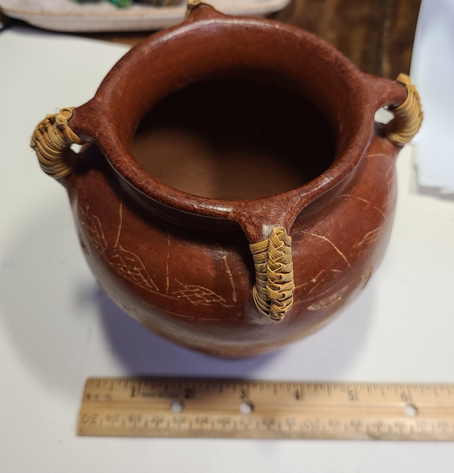 Vtg Terracotta Redware Pottery Pitcher Jug Vase 4 Straw Covered Handles Unsigned