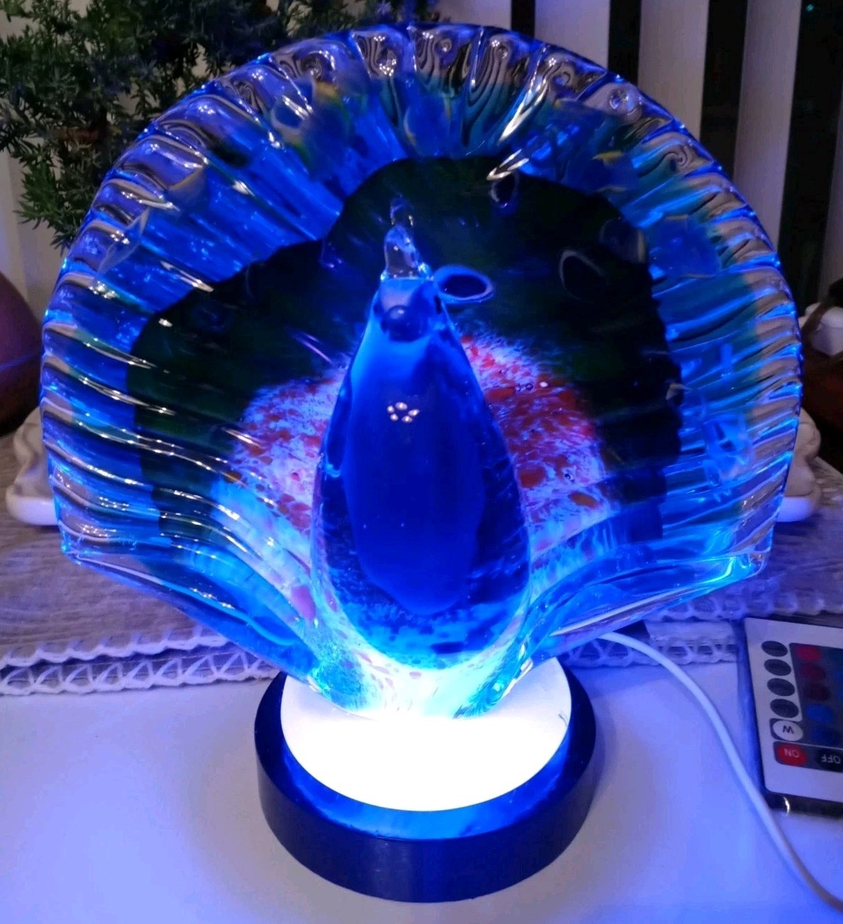 Murano Style Glass Peacock Blue Green Tail Hand Blown W/LED Light Stand Pier 1
