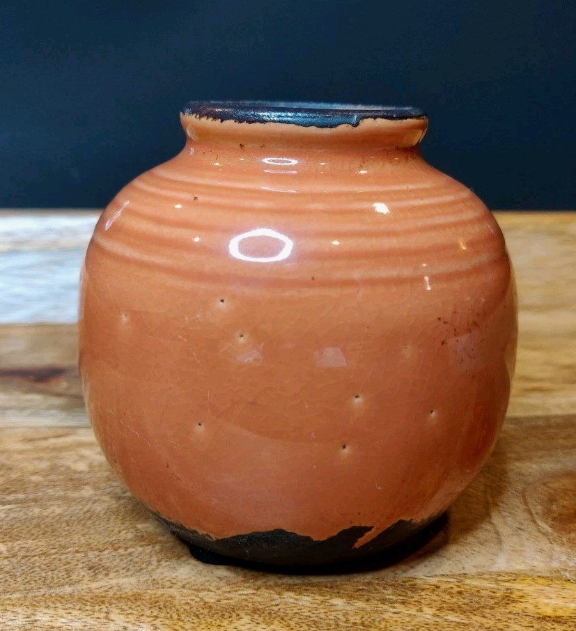 Glaze Top Salmon Color Brutalist Pottery Jar Vase 3.25″ Tall X 3.25″ Wide Approx