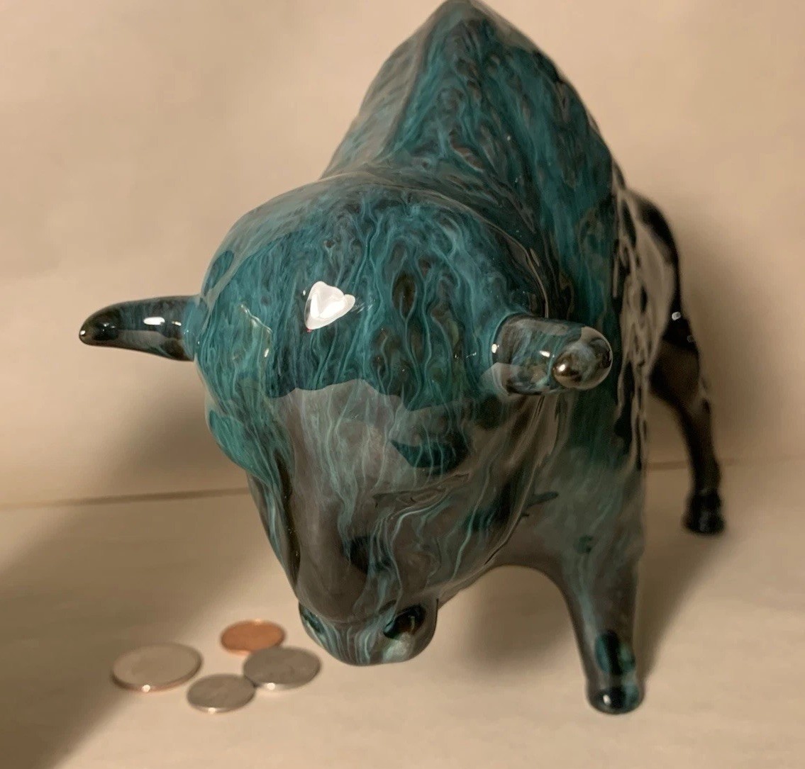 Blue Mountain Pottery Bison Buffalo BMP Canada Blue Green Drip Glaze Ceramic Art