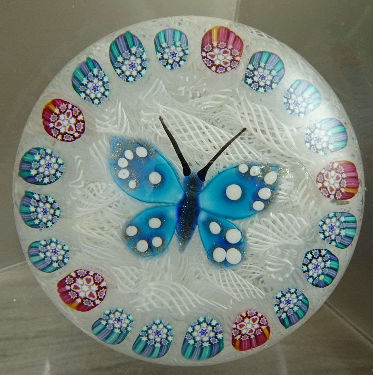 John Deacons Art Glass Butterfly Millefiori Latticino Paperweight Scotland