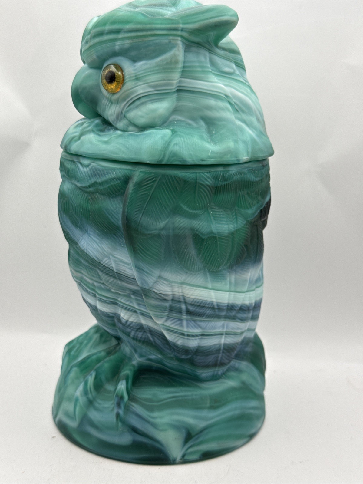 Vintage IMPERIAL SLAG GLASS OWL GREEN JADE SATIN COVERED JAR 6 1/2″ Marked IG