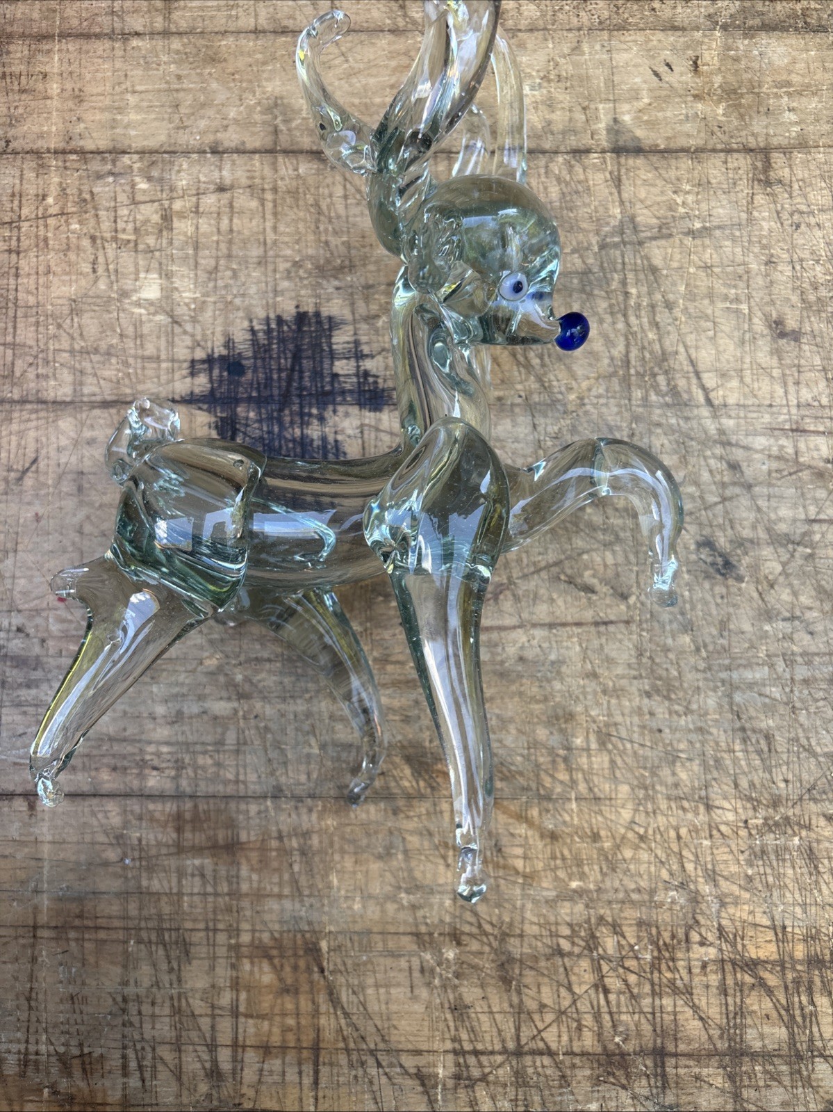 RARE Vintage Hand Blown Glass Sleigh And Reindeer Blue Nose. Read Description