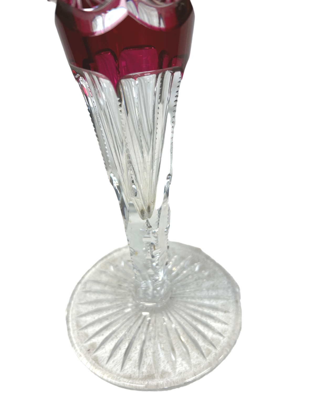 1900s Libbey Brilliant Period Cranberry Cut to Clear Harvard Pattern 14″ Trumpet