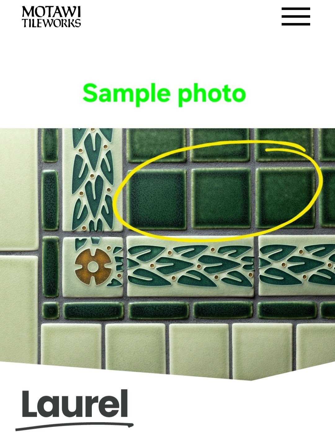 Motawi Tileworks Laurel Green Outer Corner Tile Ann Arbor Michigan 4×4 T-9