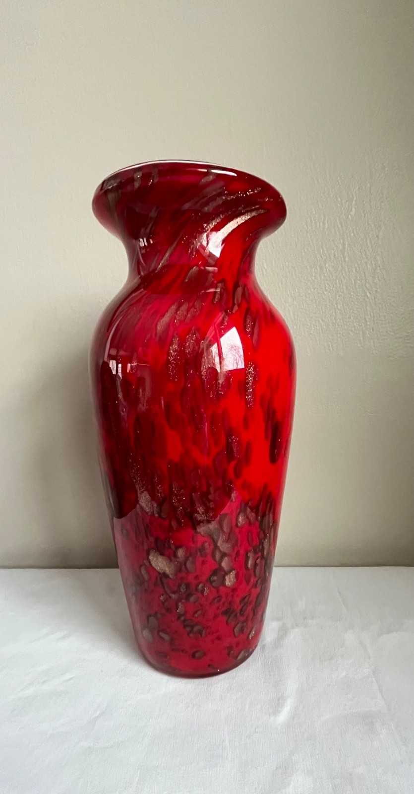 Stunning Red and Gold Fleck Murano Style Handcrafted Vase, 4 Lbs, 12″ Tall