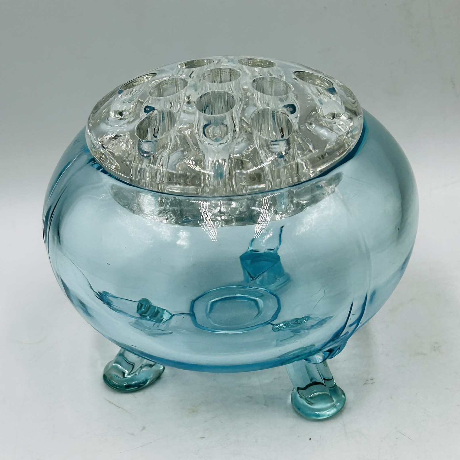 Vtg Viking Light Blue Glass Flowerlite Flower Frog 3 Legged Bowl Vase MCM VHTF