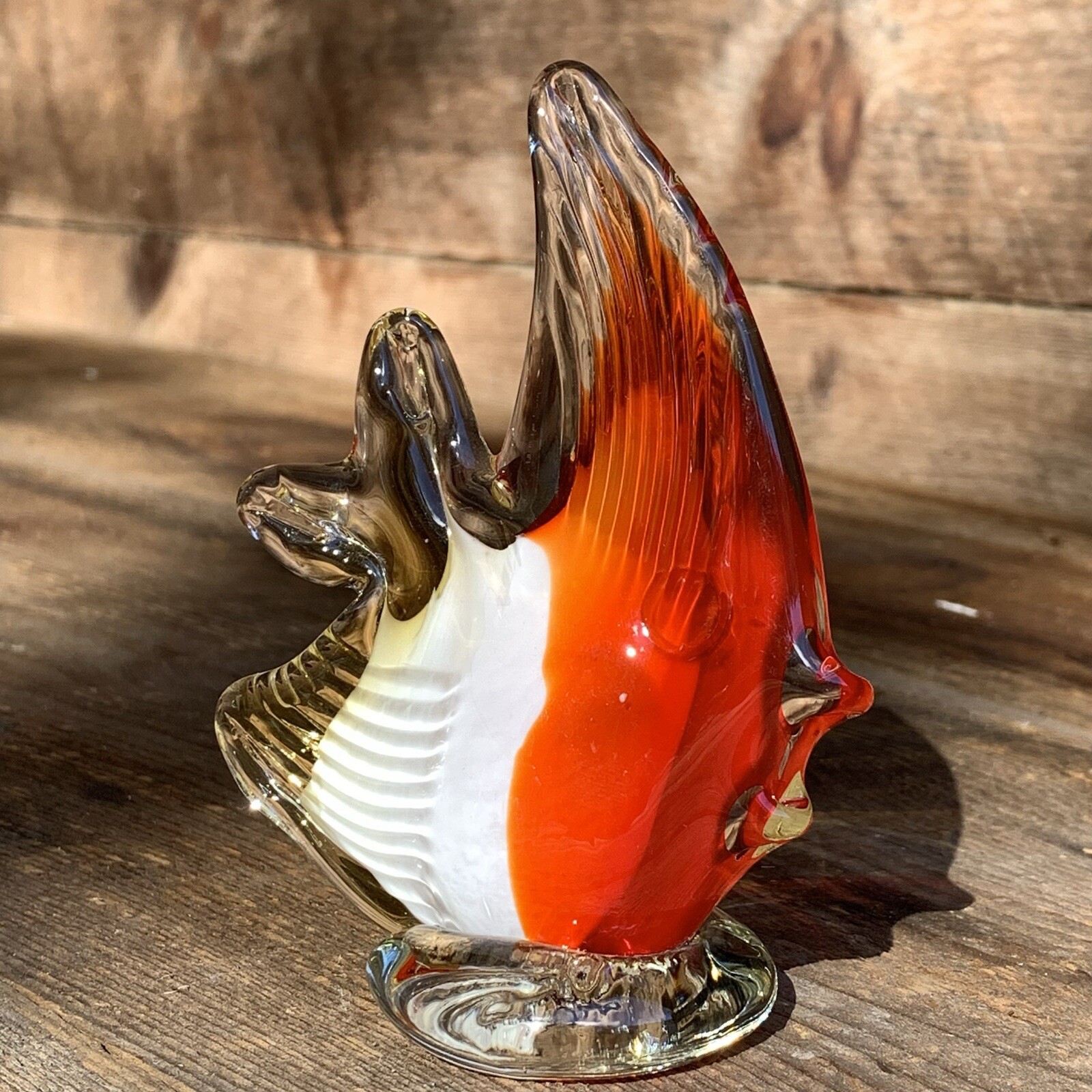 Art Glass Paperweight Tropical Angel Fish Red Orange White Clear 4.5” T