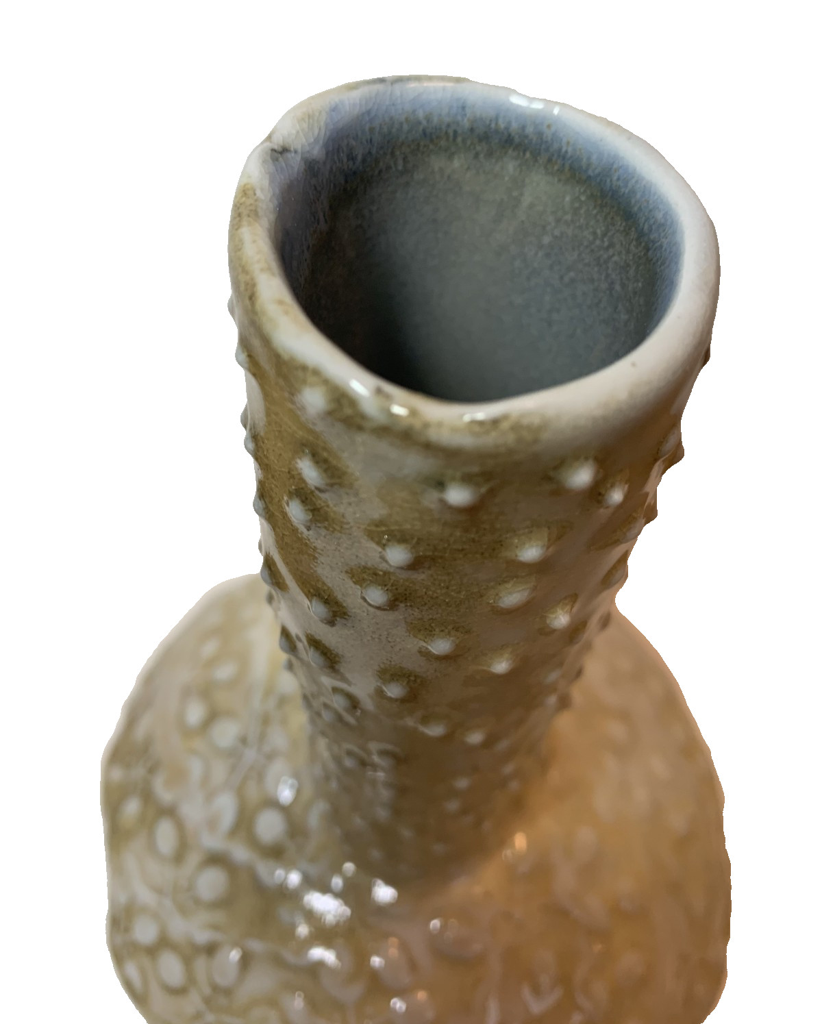 Signed Studio Pottery Textured Dot Floral Vase Organic Vtg Modern Crackle Glaze