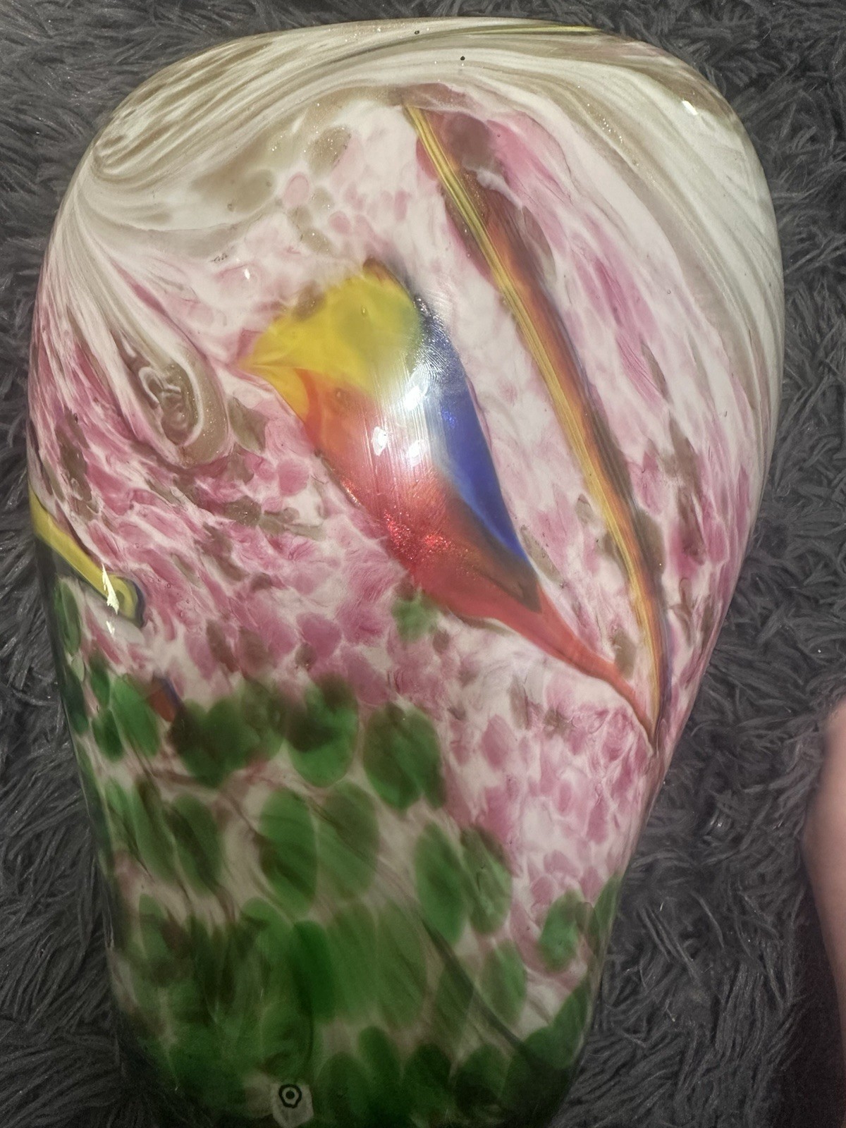 Murano Heavy Art Glass Vase Multicolor Peacock Feather Design 11.5 Inches Tall