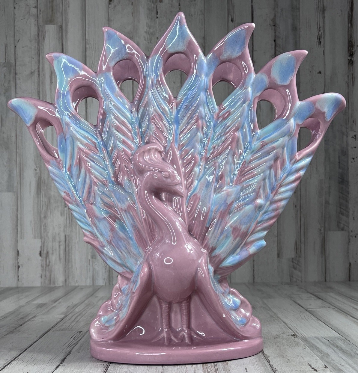 Vintage Royal Haegar Spotted Pink And Blue Peacock Vase