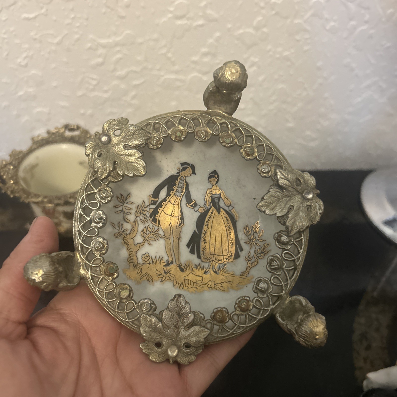 Antique Porcelain Germany Kalk Crossed Arrows Mark Bronze cup & Ashtray Cupids
