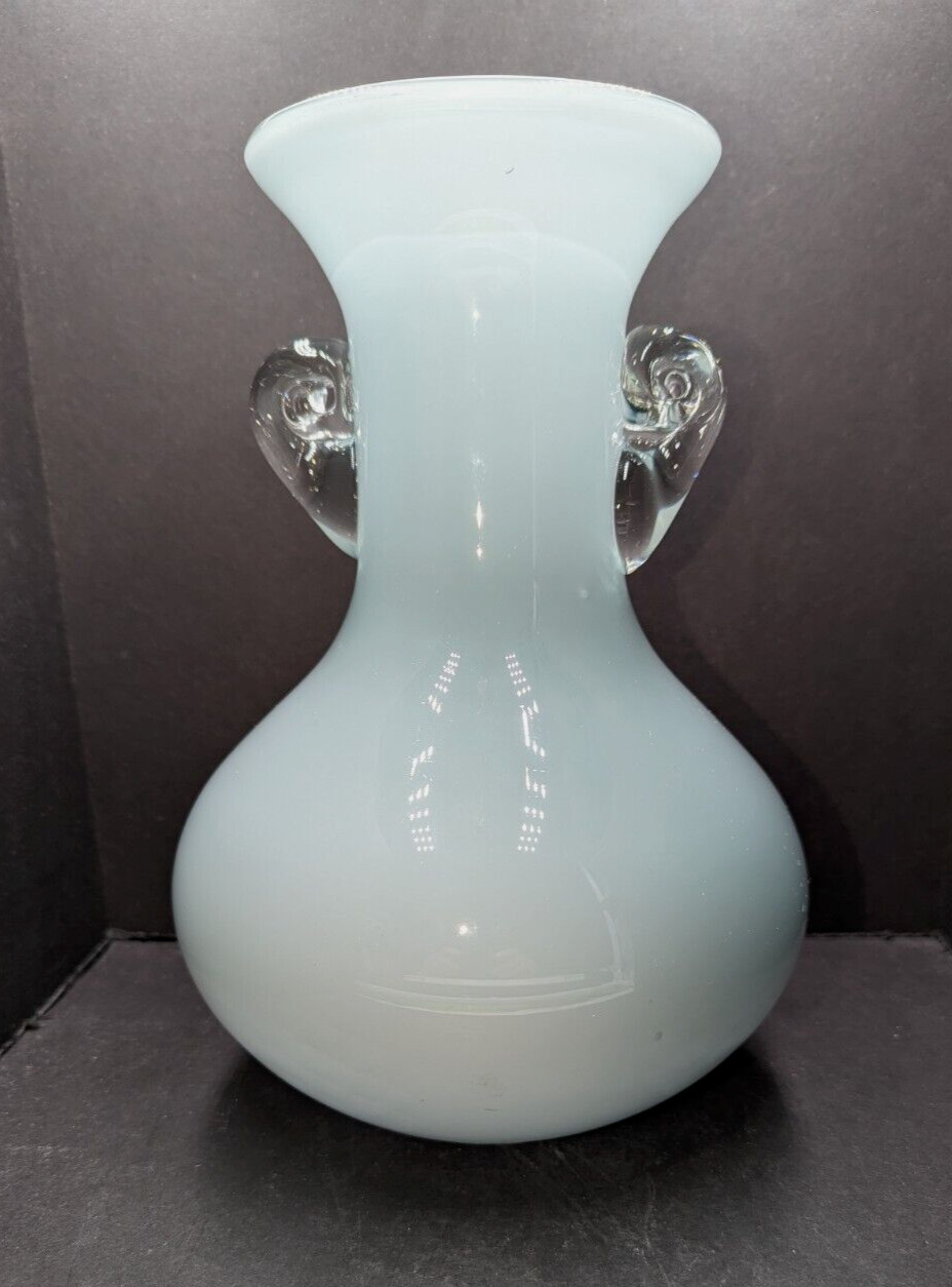 Amphora Art Cased Glass Vase Gray With Clear Applied Scrolled Handles 9.5″ High
