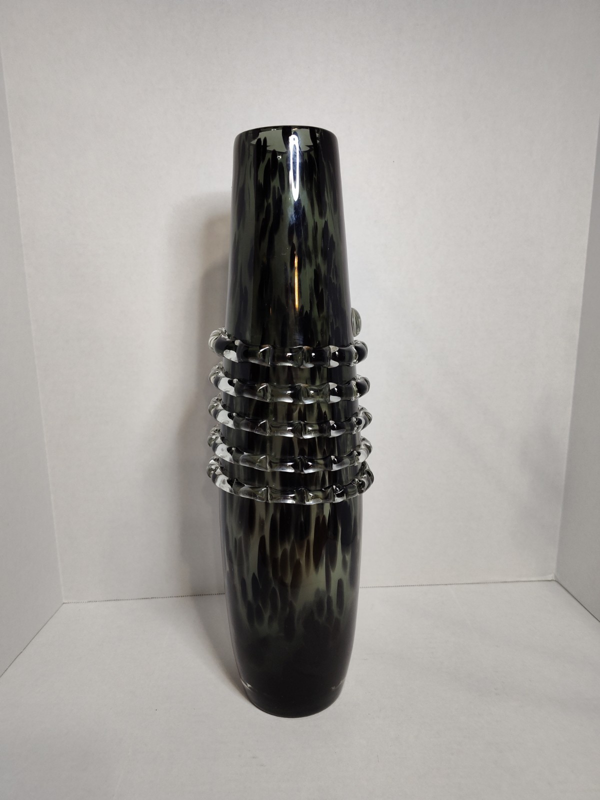 Black Speckled Glass Art Vase With Spiral Skeleton Like Wrap Moody Goth Decor