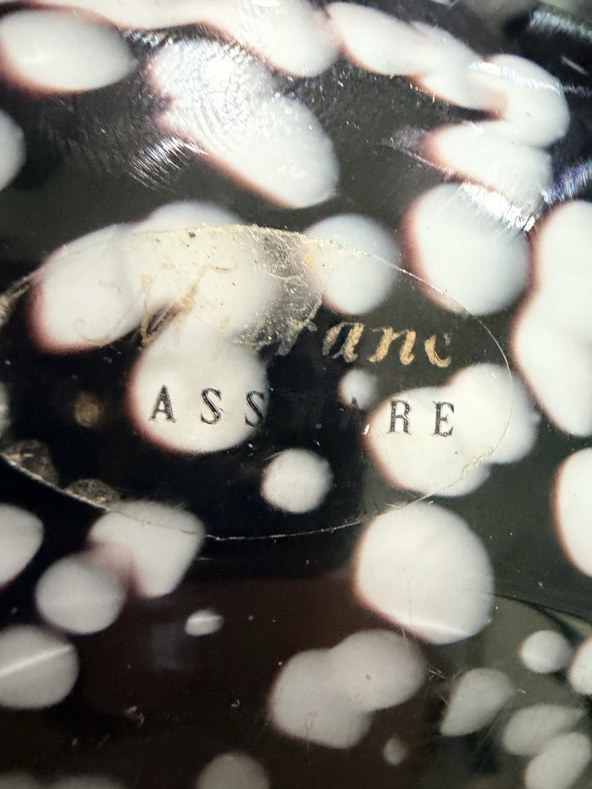 Black & White Spotted Art Glass Paperweight, Glossy Finish, “ASSURE” Mark