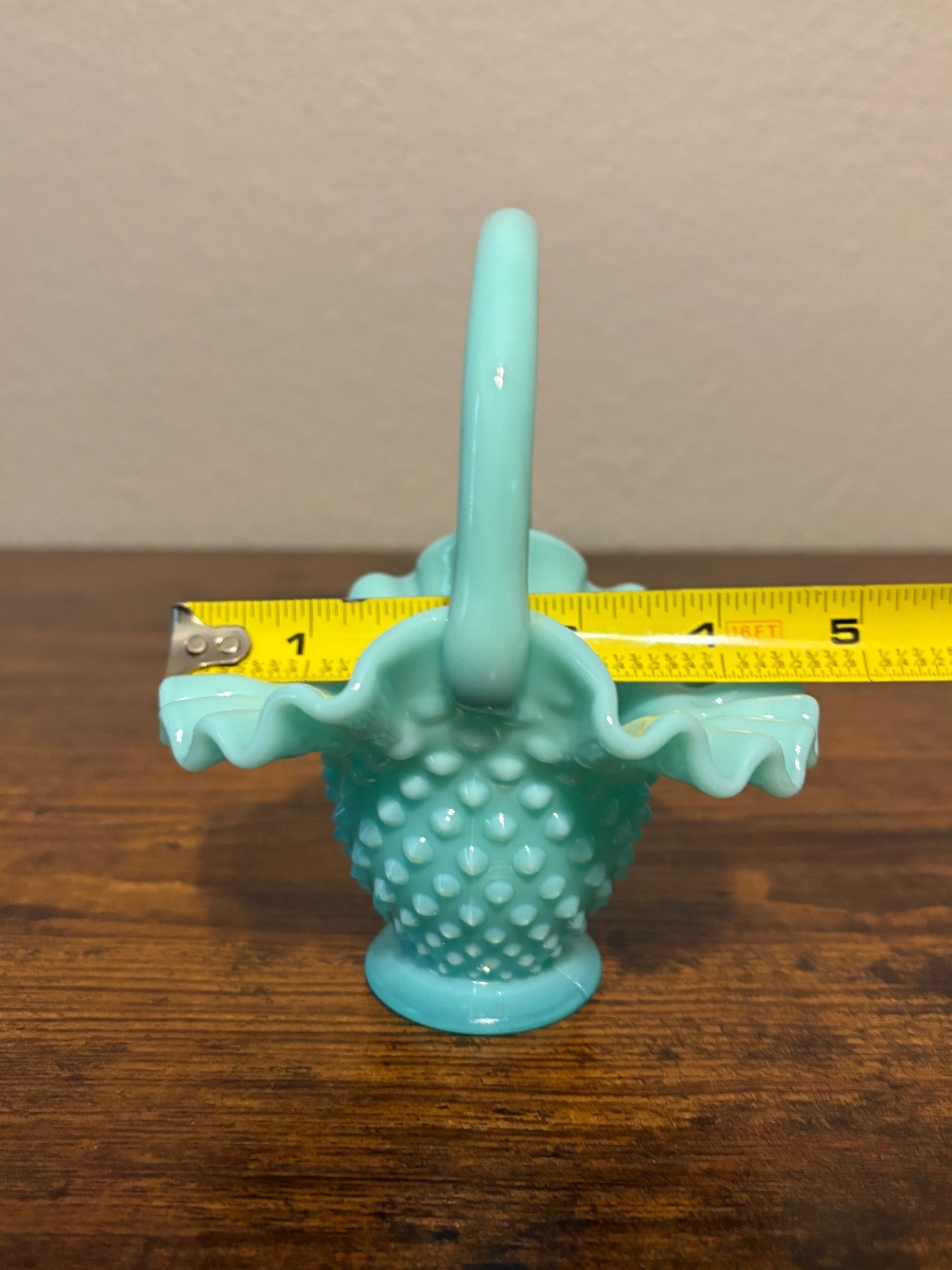 VTG Fenton Pastel Turquoise Blue 5.5″H Hobnail Milk Glass Basket