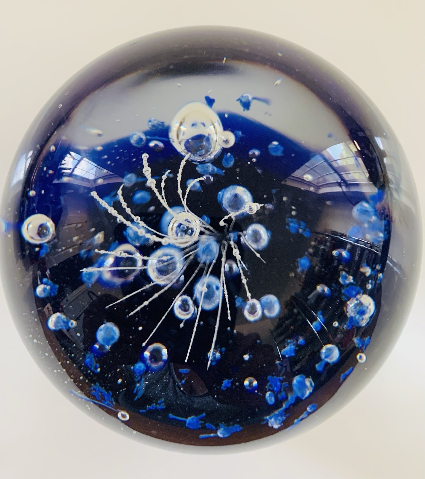 Vtg Art Glass Hand Blown Paperweight Cobalt Blue Controlled Bubbles/Fireworks