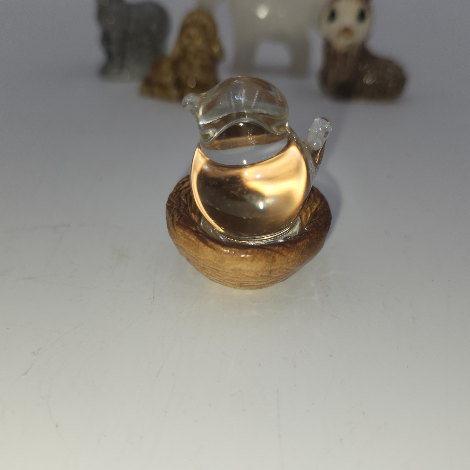 Glass Bird On ceramic nest vintage miniature figurine mini