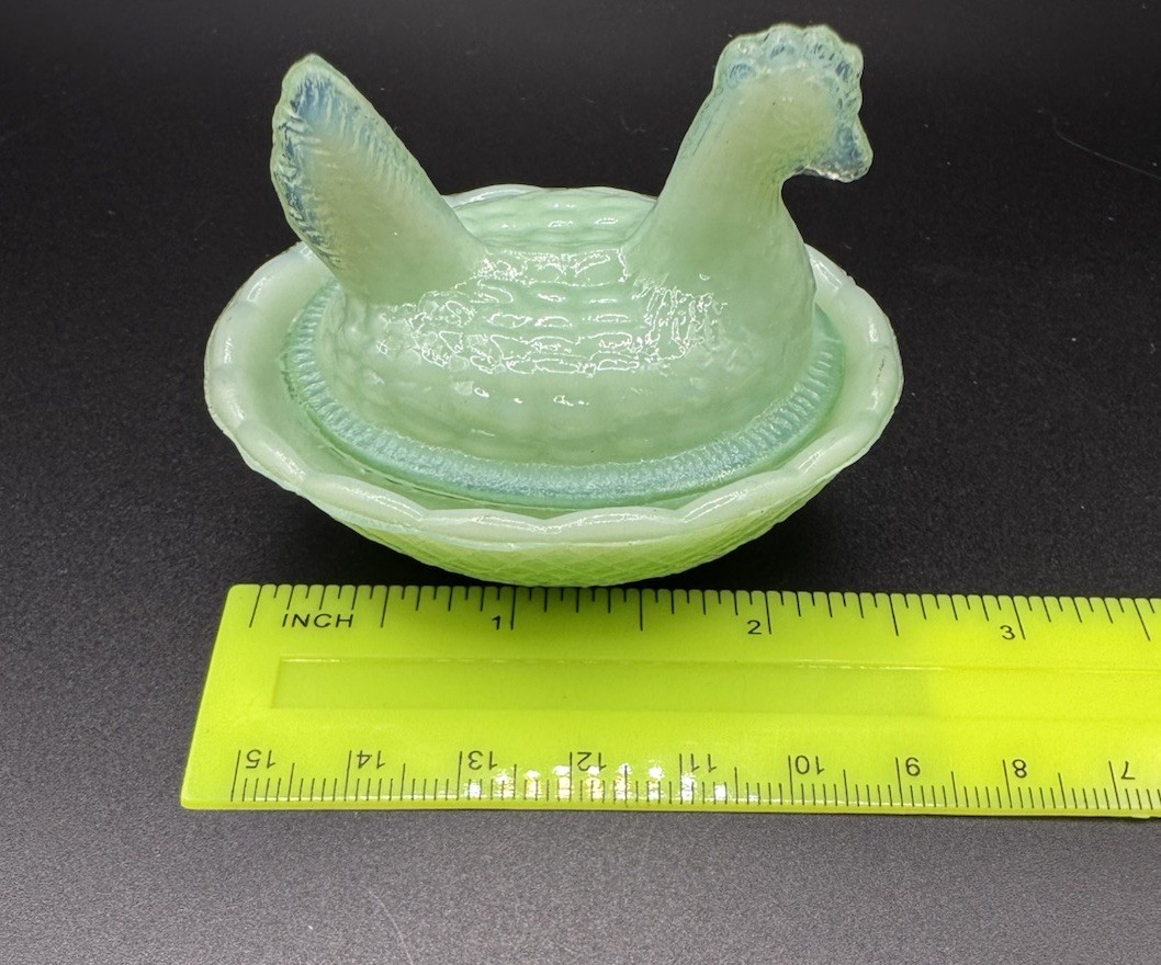 Vintage Hen on Nest Mini Jadeite Green Glass Salt Cellar Cottagecore