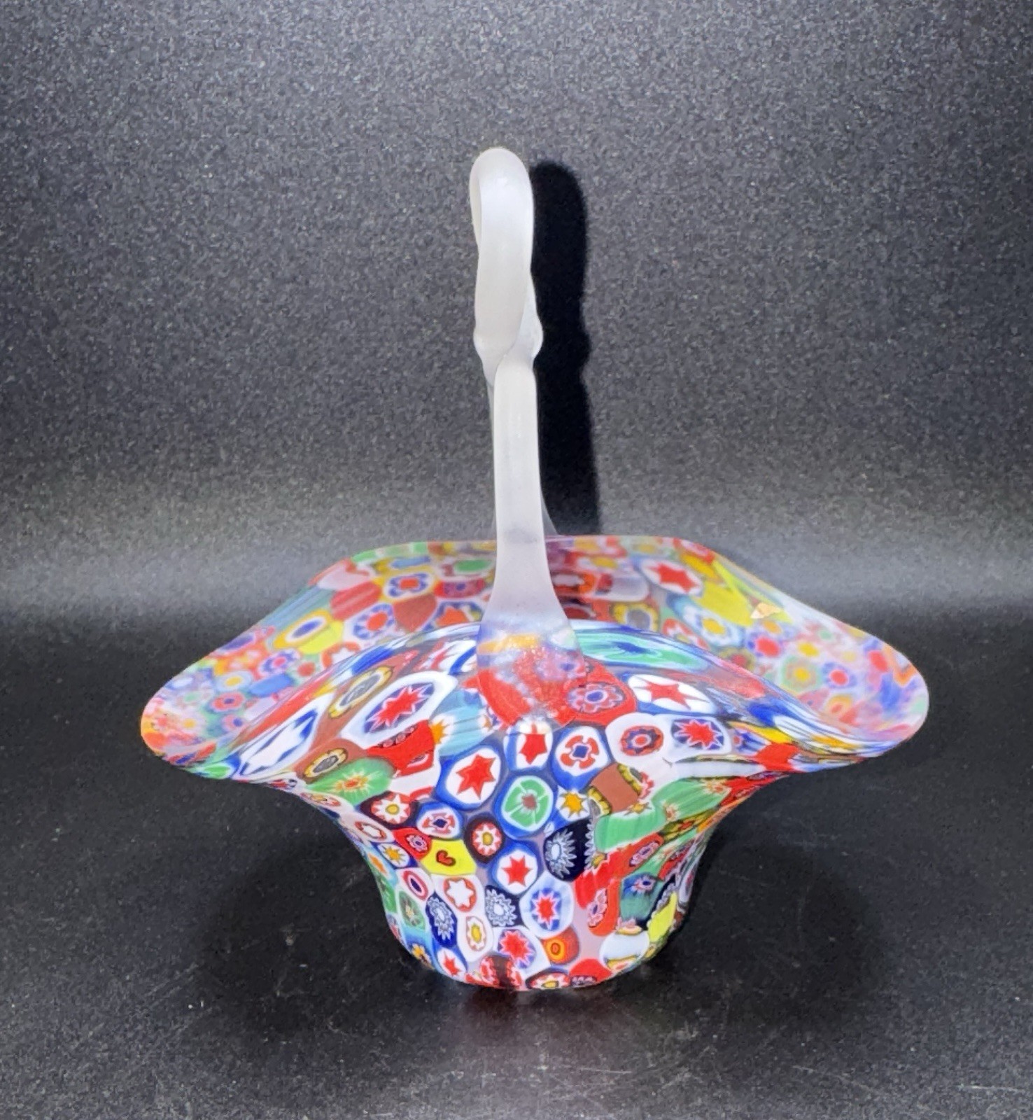 Fratelli Toso Murano Millefiori Art Glass Miniature Basket Satin Twist Handle