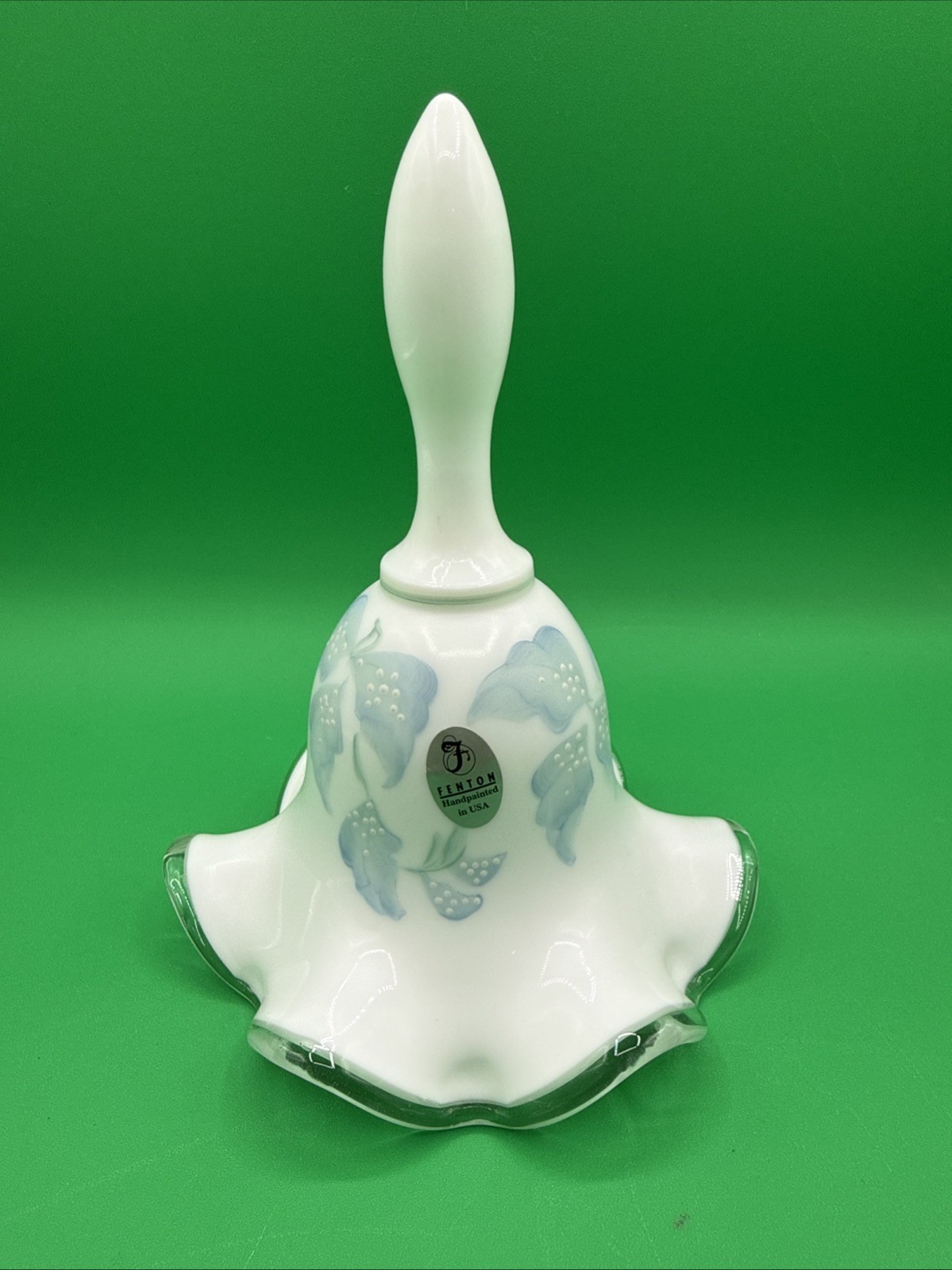 Vintage Fenton Glass Ruffled Silver Crest Bell~Hand painted Morning Mist Blue