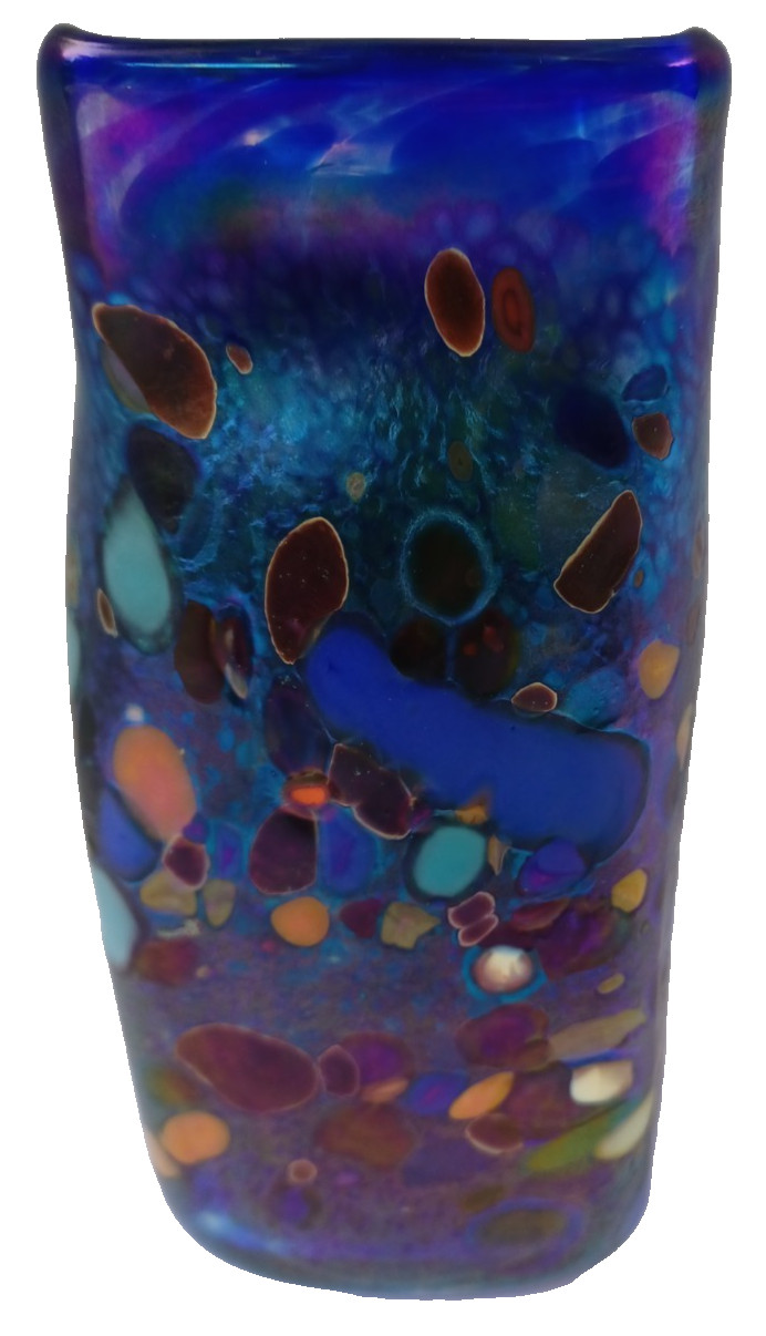 Stunning Vintage Signed 2000 David Tate 6.75″ Iridescent Abstract Art Glass Vase
