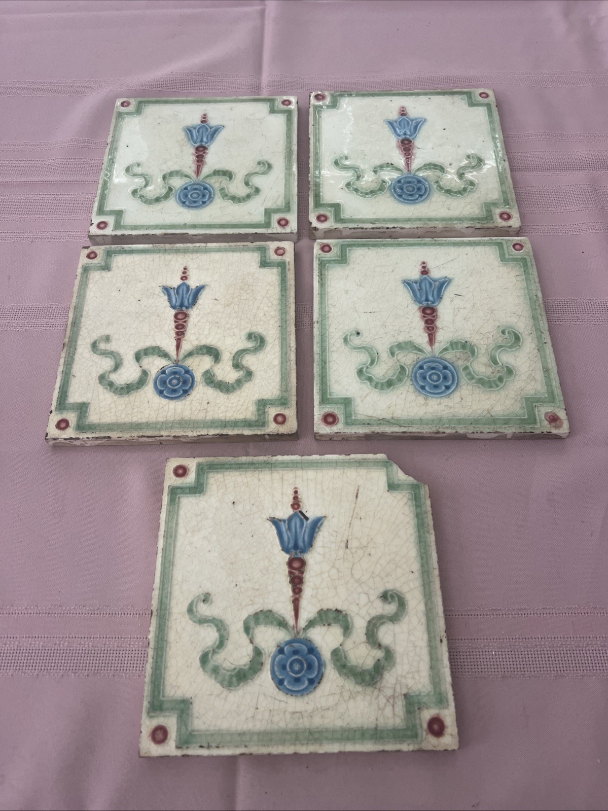 5 Antique Sherwin & Cotton Art Nouveau 6” Ceramic Tiles