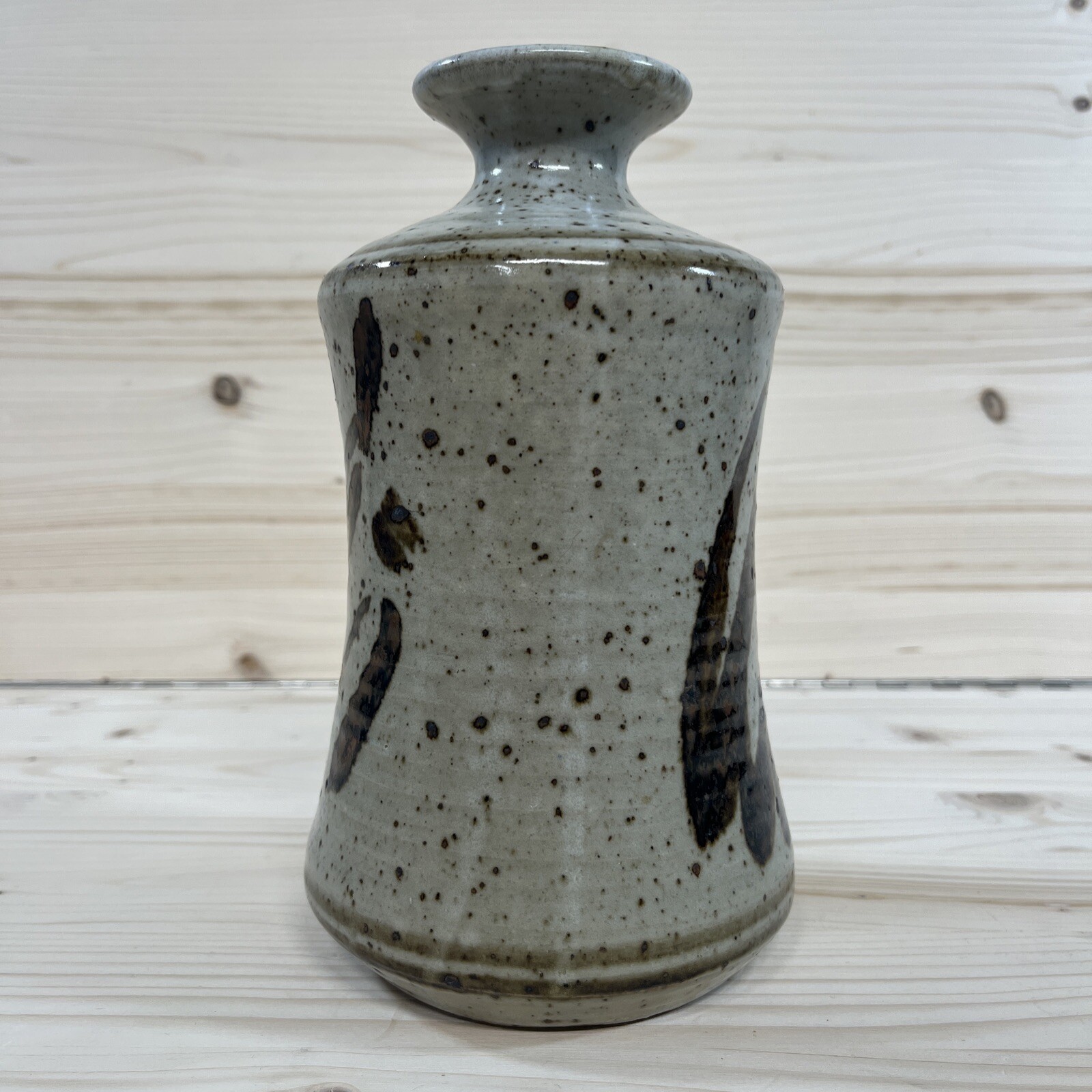 Studio Pottery Flower Vase Speckled Beige Asian Look Heavy Artist Stamped 8″