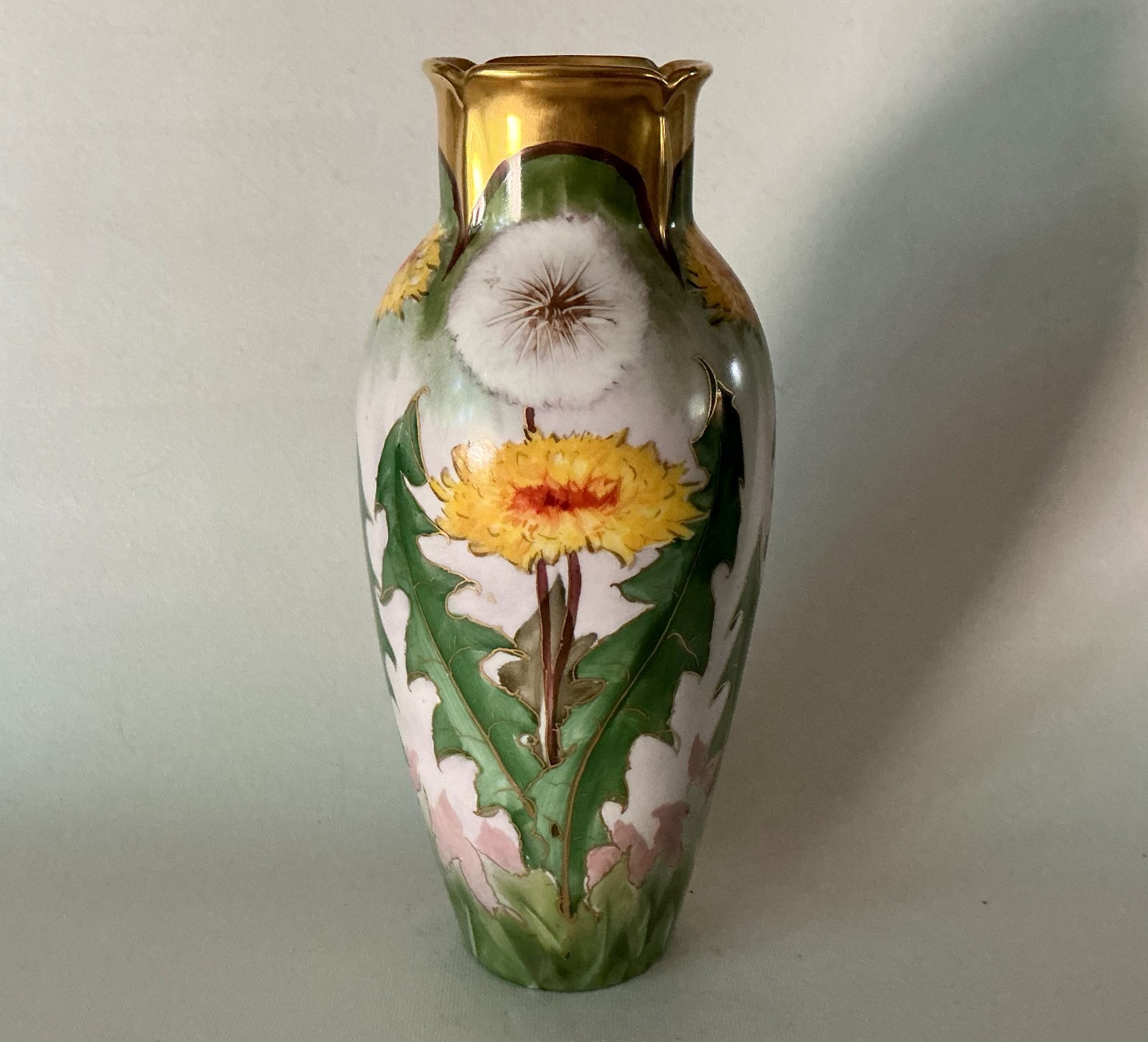 Jul. H. Brauer DANDELION Flowers HP Porcelain Vase 10″ Sgd Cowan Pickard Artist