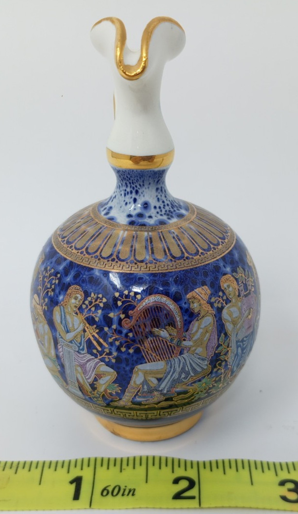 A. Roussi White and Blue Ceramic Vase Urn w/ 24k Gold Leaf Hand-Made In Greece