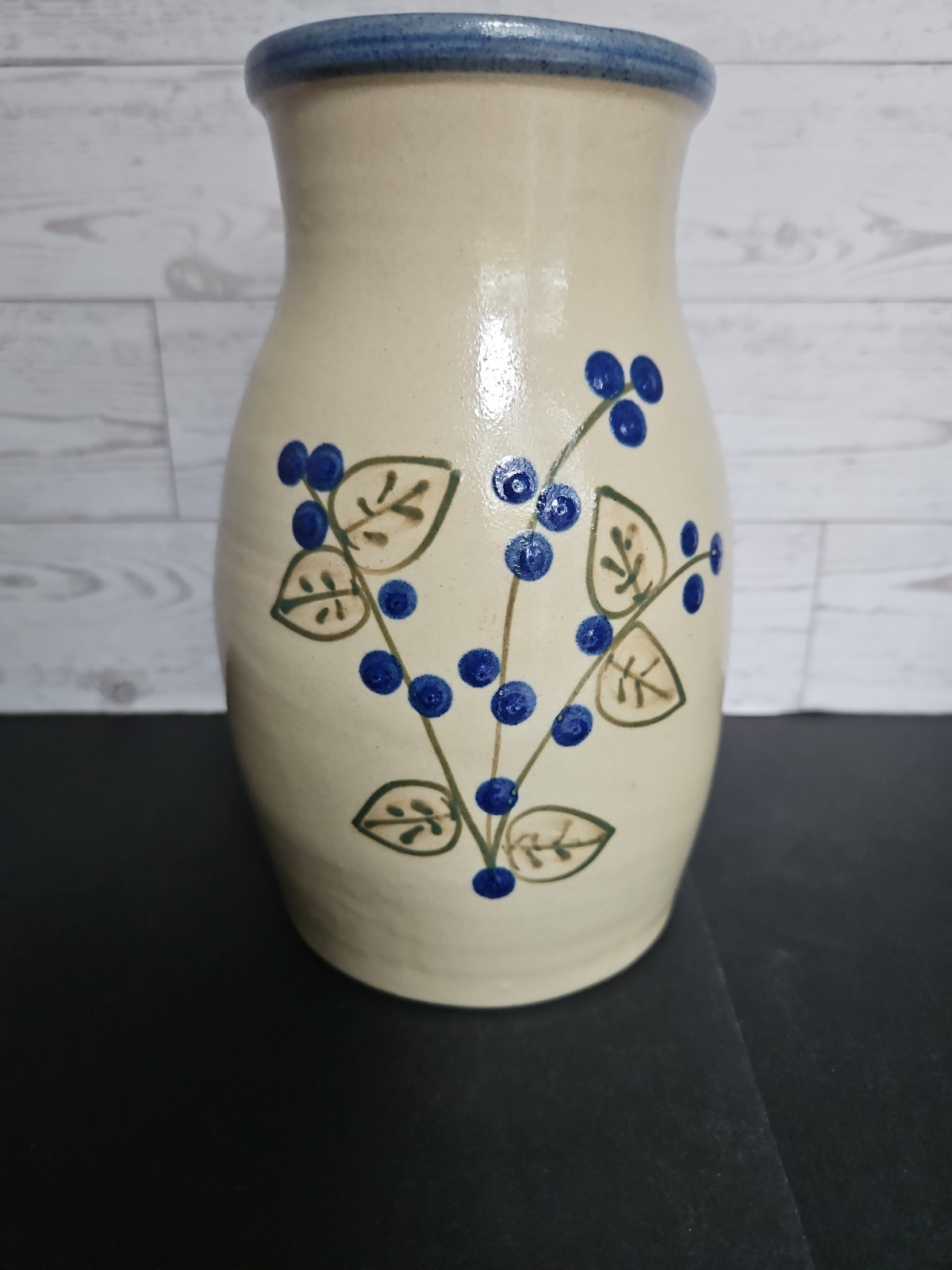 Vtg BBP Salt Glaze Crock Vase Cobalt Blue Berries & Leaves Country Farmhouse